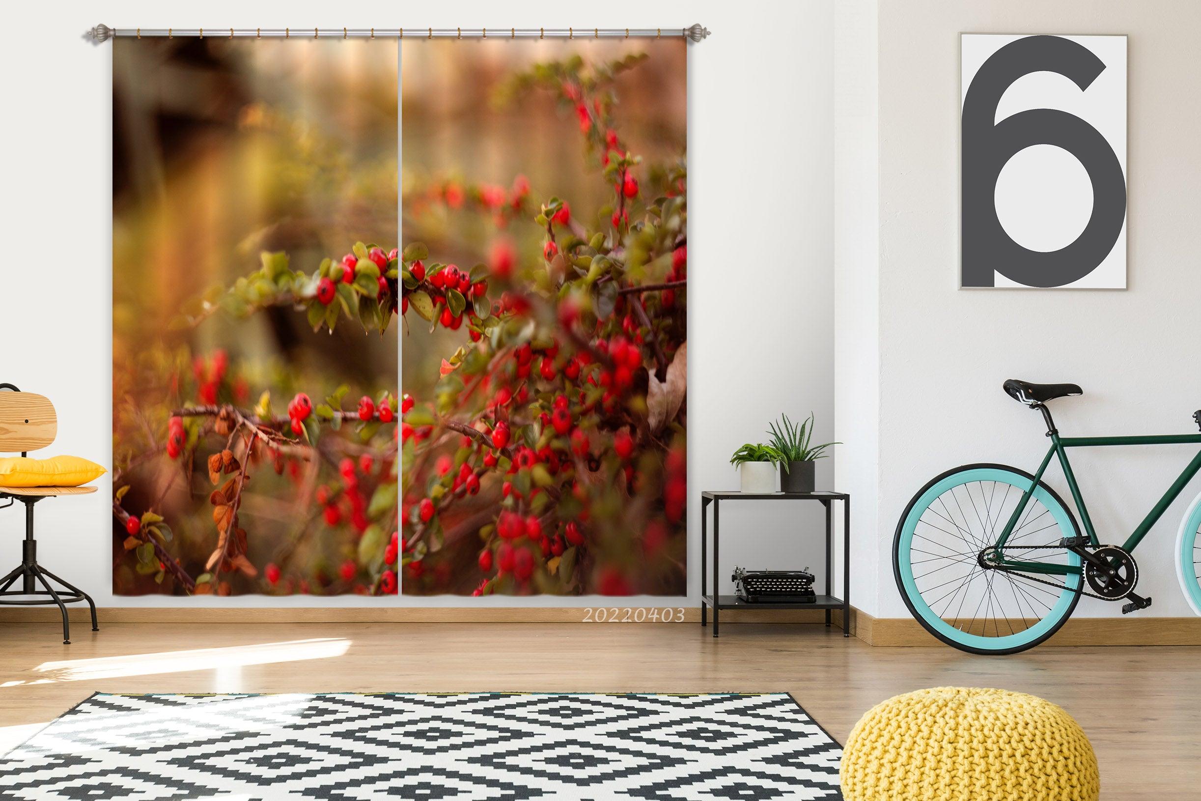 3D Autumn Branch Red Fruit Curtains and Drapes GD 3181- Jess Art Decoration