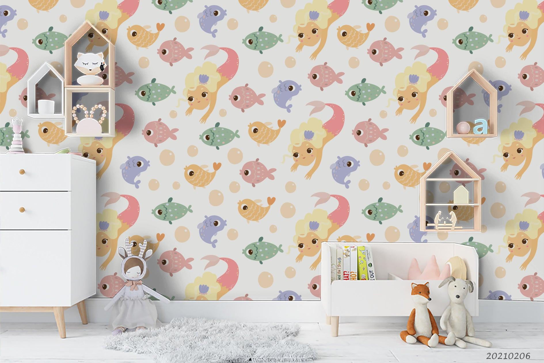 3D Hand Drawn Goldfish Mermaid Wall Mural Wallpaper LQH 365- Jess Art Decoration