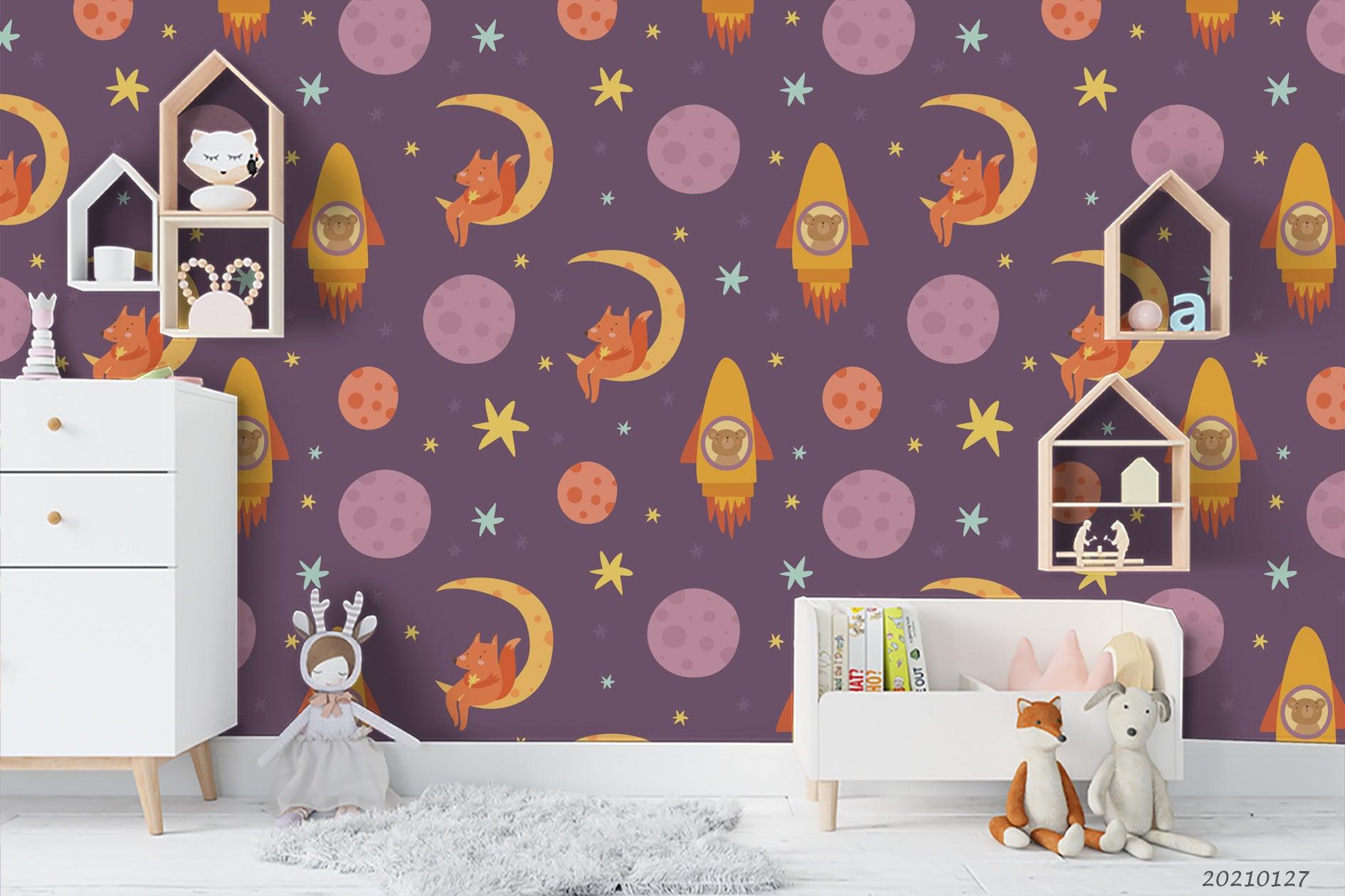 3D Cartoon Moon Planet Rocket Wall Mural Wallpaper LQH 108- Jess Art Decoration
