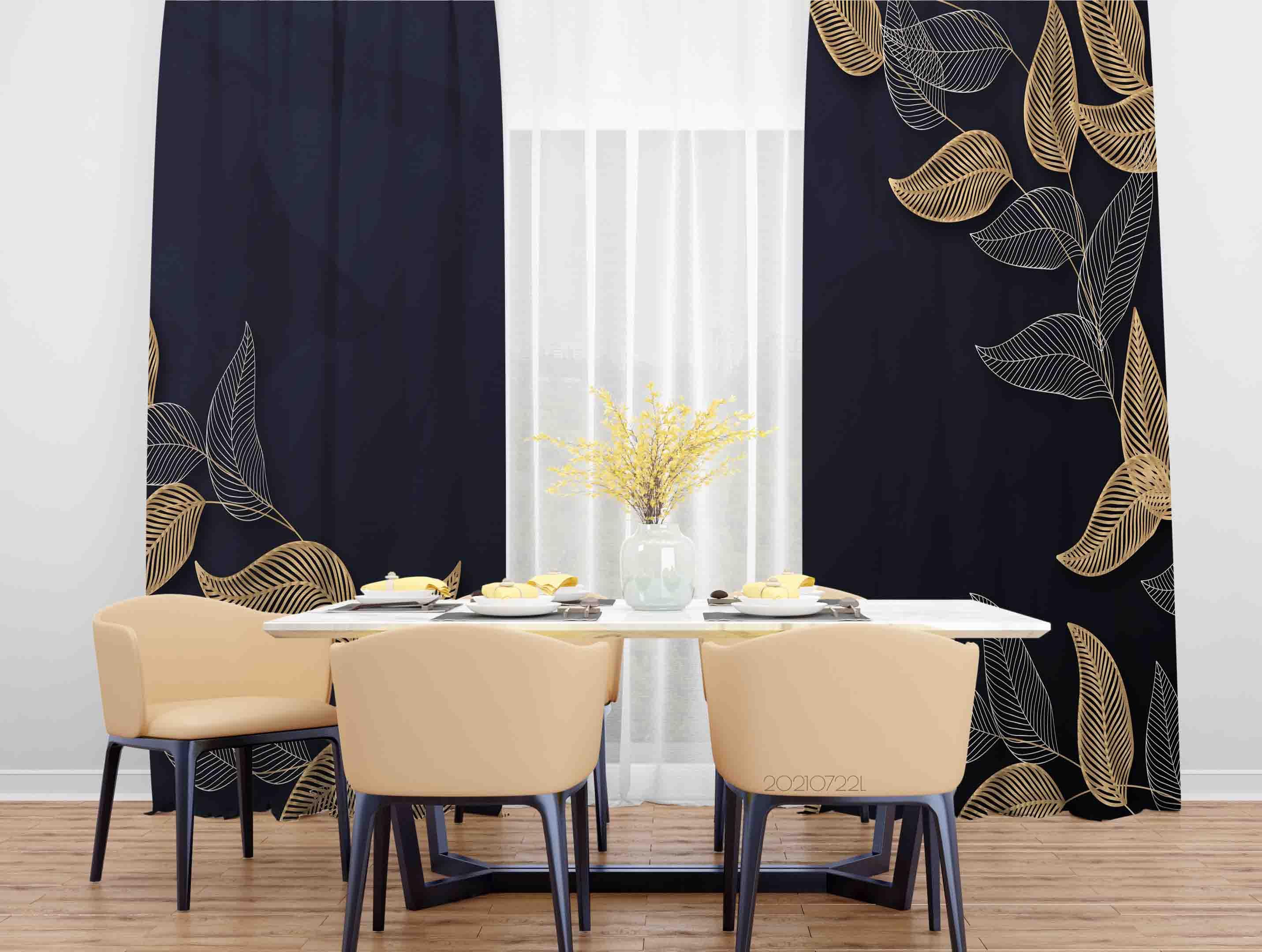 3D Hand Drawn Black Leaf Pattern Curtains and Drapes LQH 126- Jess Art Decoration