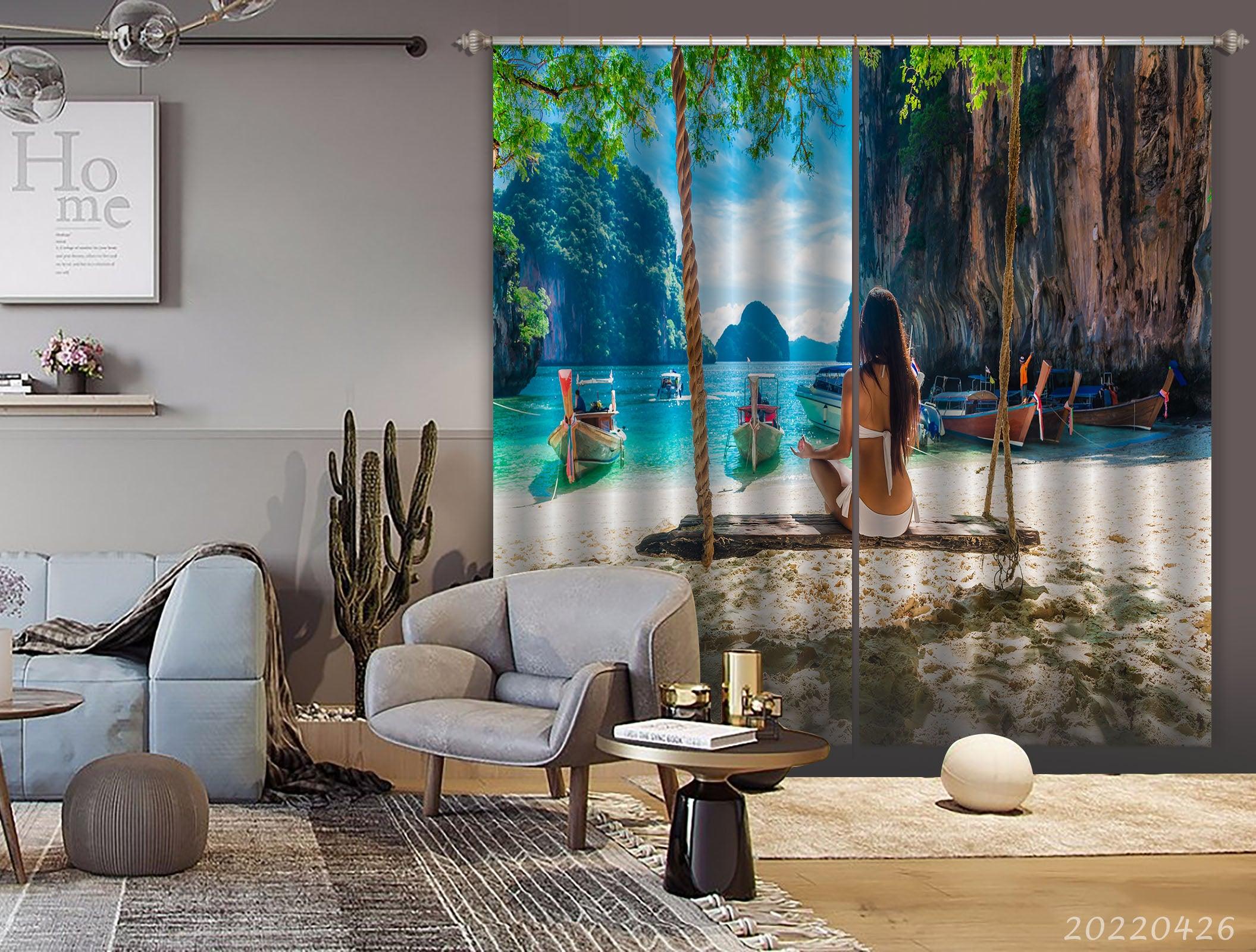 3D Landscape Ocean Beach Boat Woman Swing Curtains and Drapes GD 4772- Jess Art Decoration