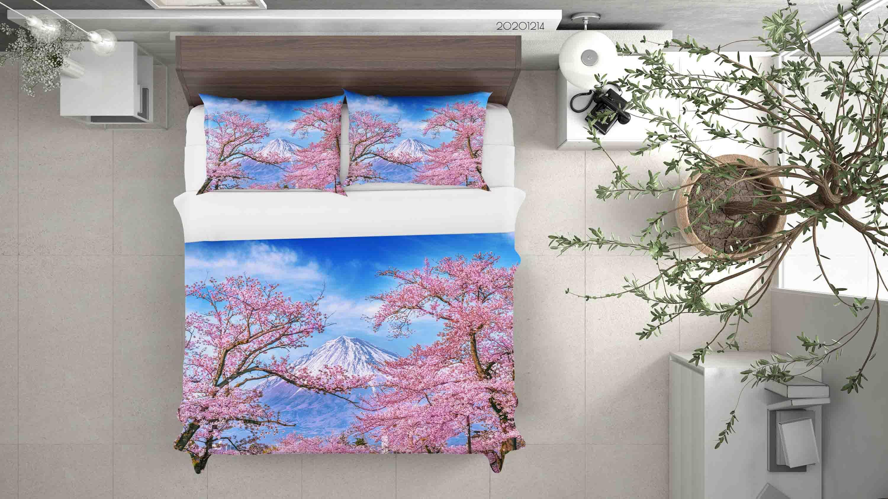 3D Landscape Japan Fuji Mountain Cherry Blossom Pink Floral Quilt Cover Set Bedding Set Duvet Cover Pillowcases LXL- Jess Art Decoration
