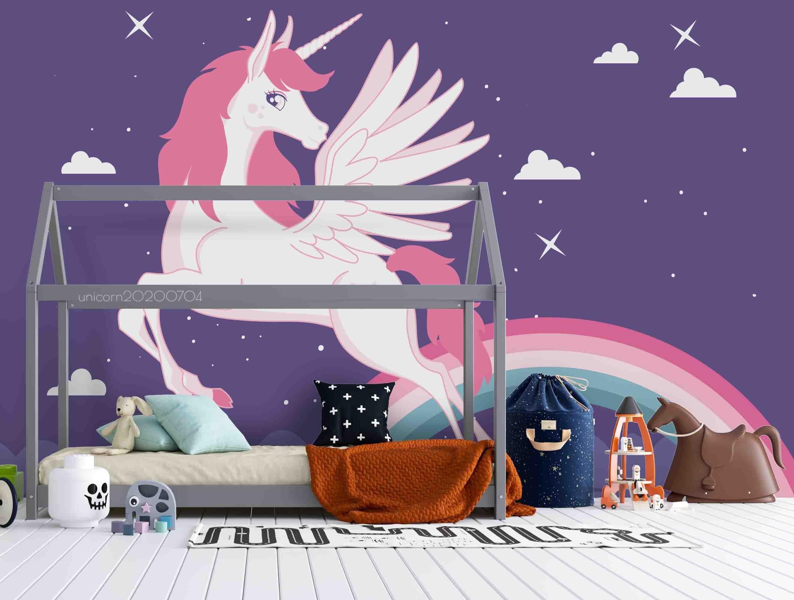 3D Cartoon Unicorn Rainbow Starry Sky Wall Mural Wallpaper A042 LQH- Jess Art Decoration