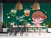 3D Cartoon Green Background Bubble Tea Pearl Tea Milk Tea Shop Wall Mural Wallpaper JN 08- Jess Art Decoration