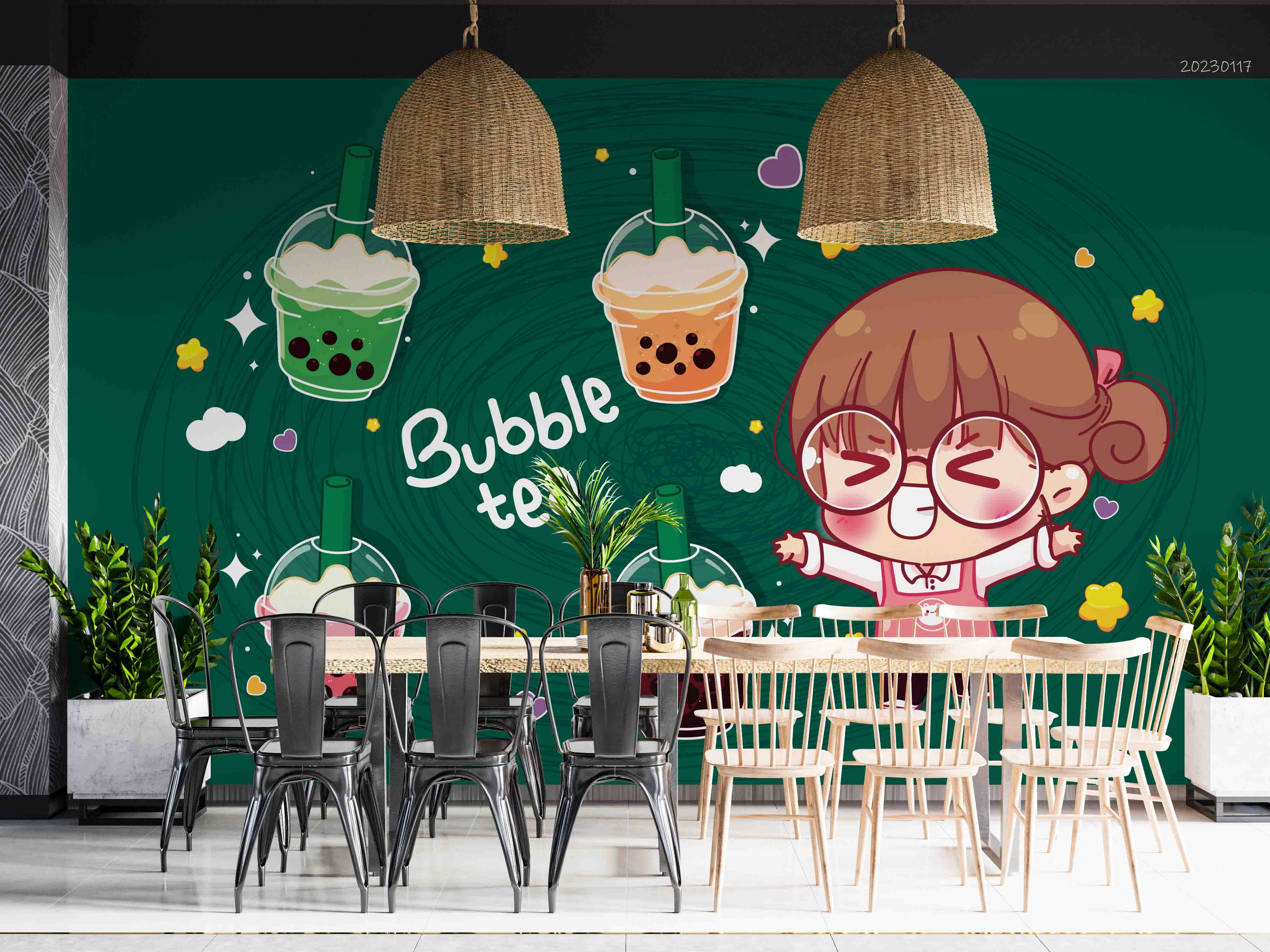 3D Cartoon Green Background Bubble Tea Pearl Tea Milk Tea Shop Wall Mural Wallpaper JN 08- Jess Art Decoration