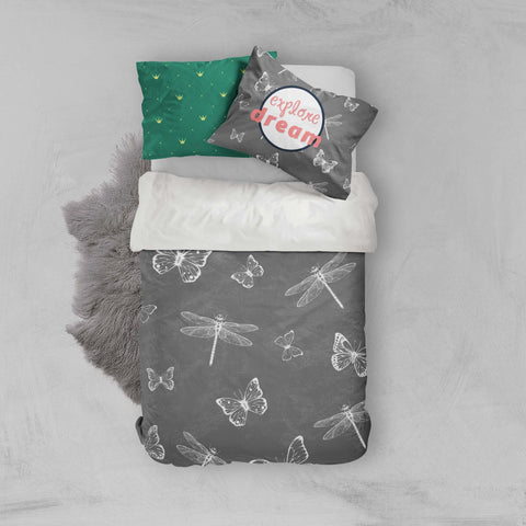 3D White Dragonfly Grey Quilt Cover Set Bedding Set Pillowcases 67- Jess Art Decoration