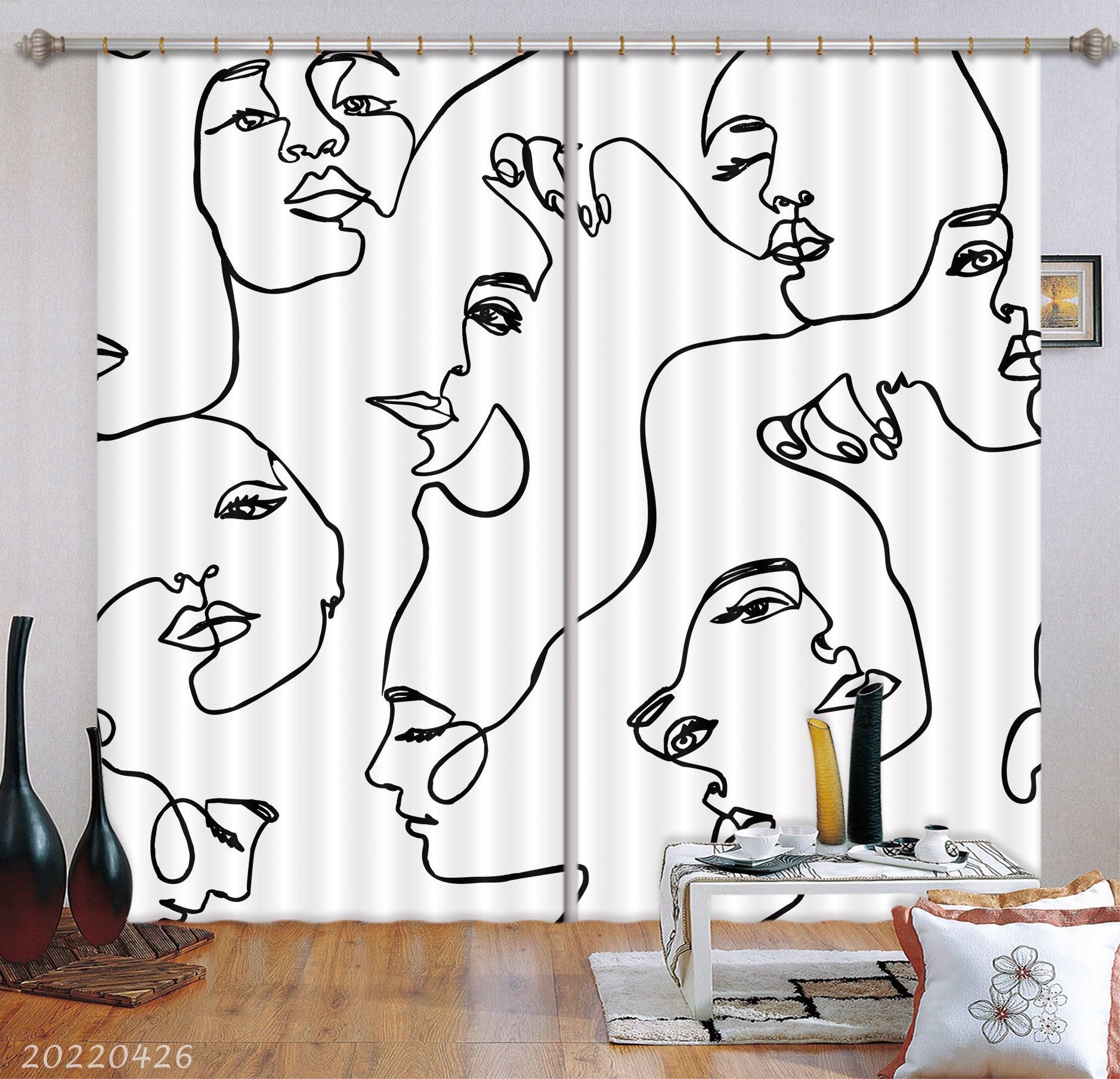 3D Abstract Art Lines Face White Background Curtains and Drapes GD 4870- Jess Art Decoration