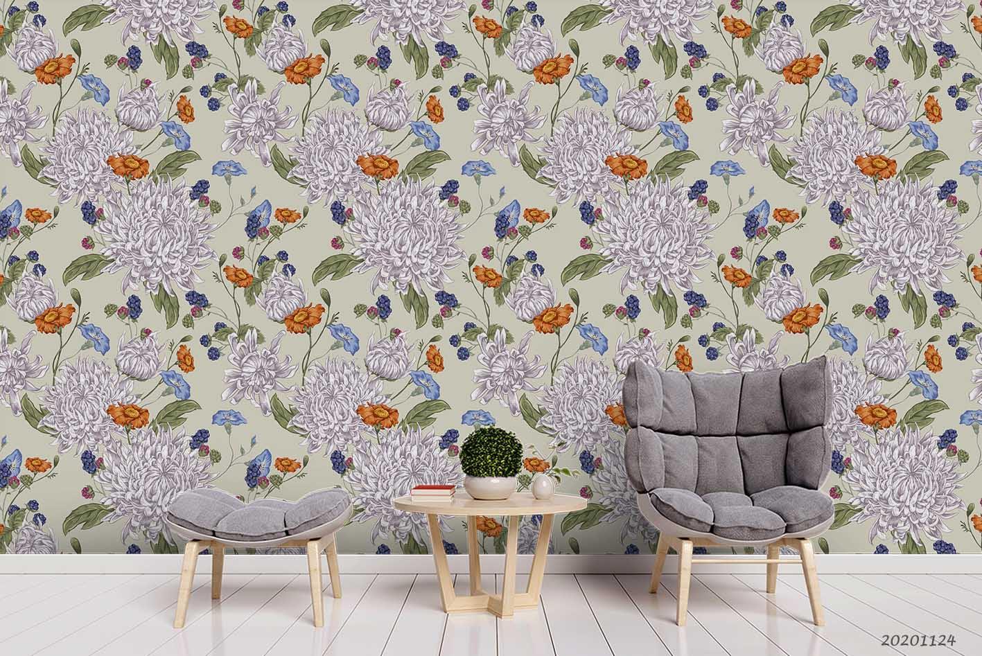 3D Hand Drawn Vintage Chrysanthemums Floral Pattern Wall Mural Wallpaper LXL- Jess Art Decoration
