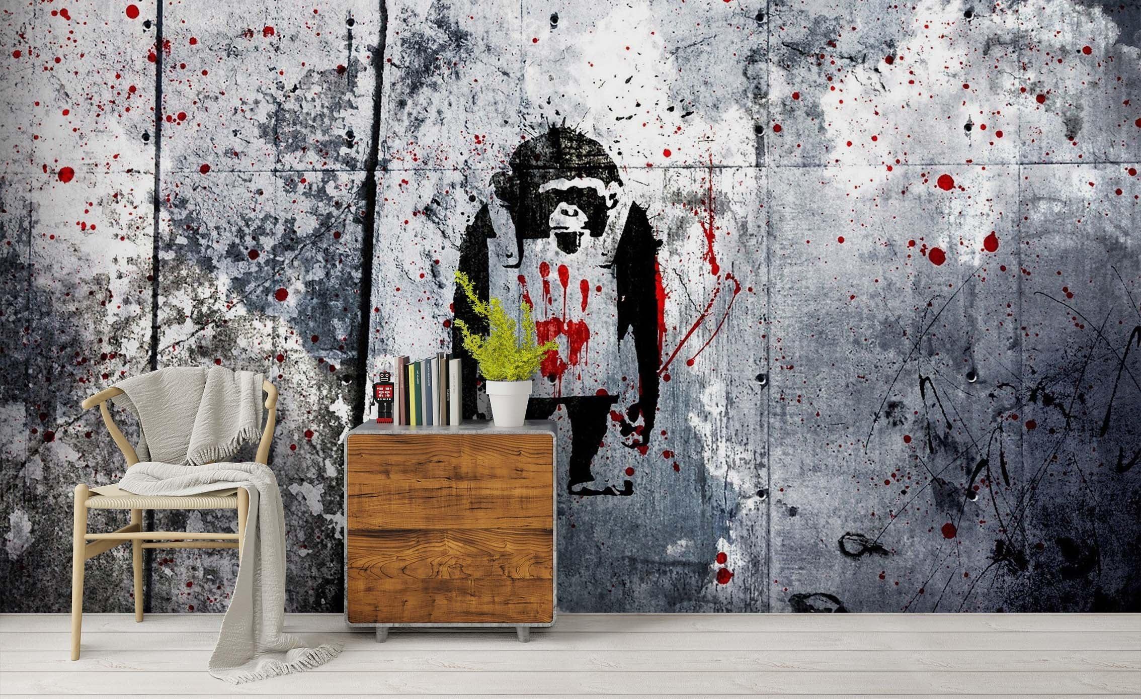 3D Black White Gorilla Banksy Murder Scene Red Blood Wall Mural Wallpaper ZY D122- Jess Art Decoration