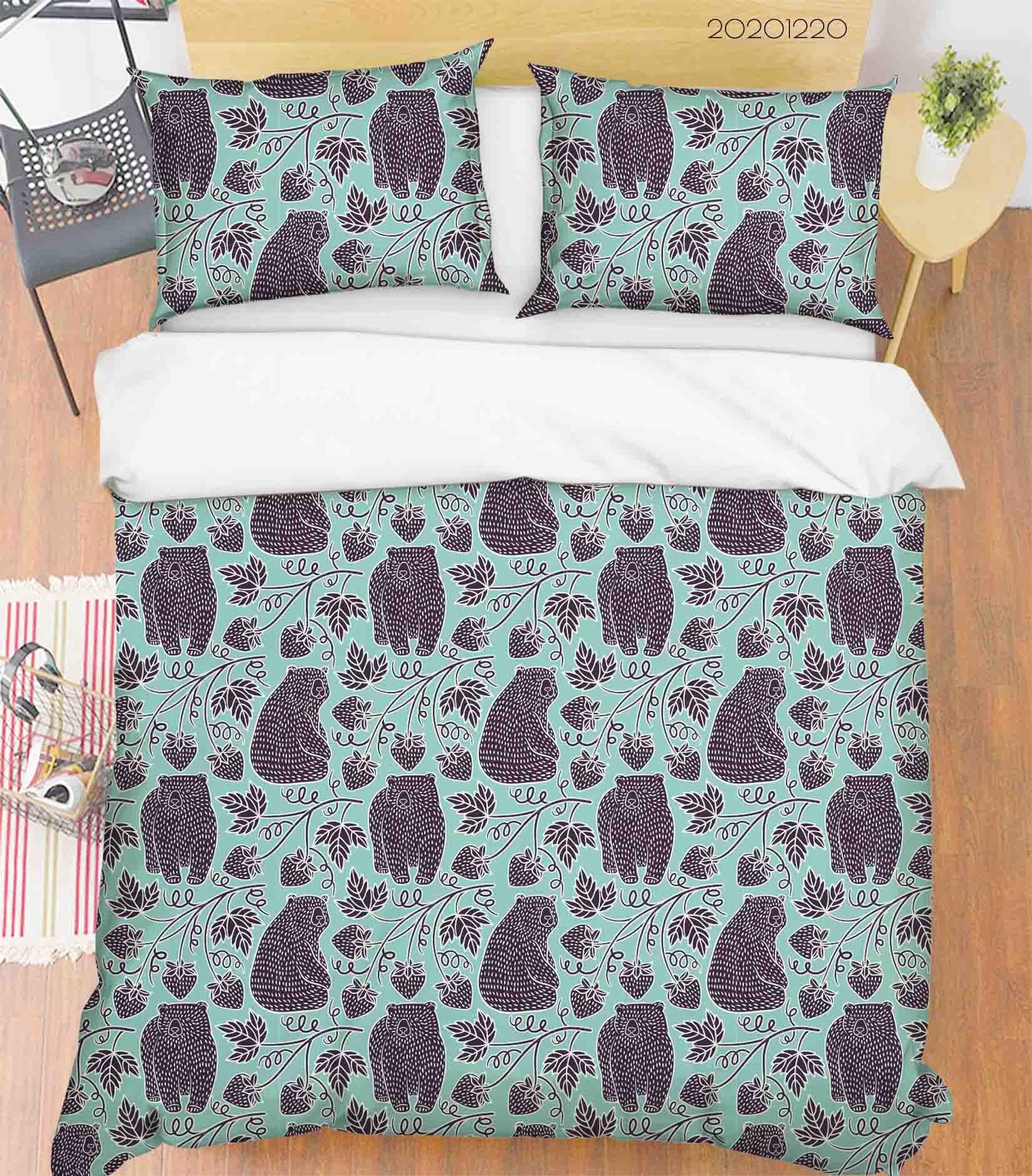 3D Hand Drawn Animal Bear Floral Leaf Quilt Cover Set Bedding Set Duvet Cover Pillowcases 28- Jess Art Decoration