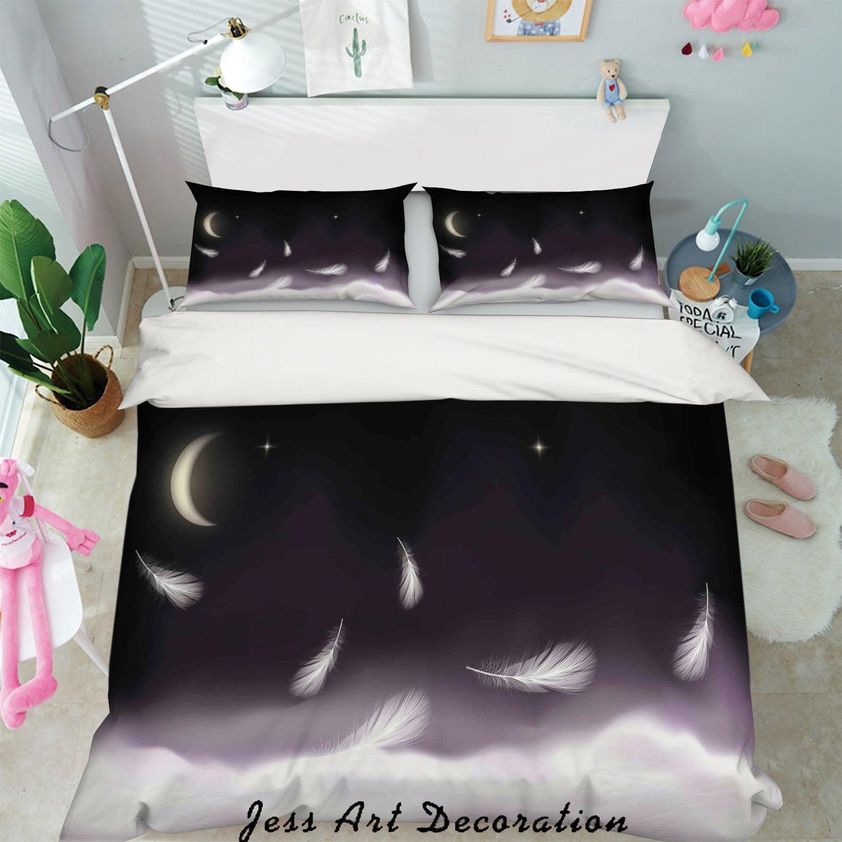 3D White Feathers Black Quilt Cover Set Bedding Set Pillowcases 01- Jess Art Decoration