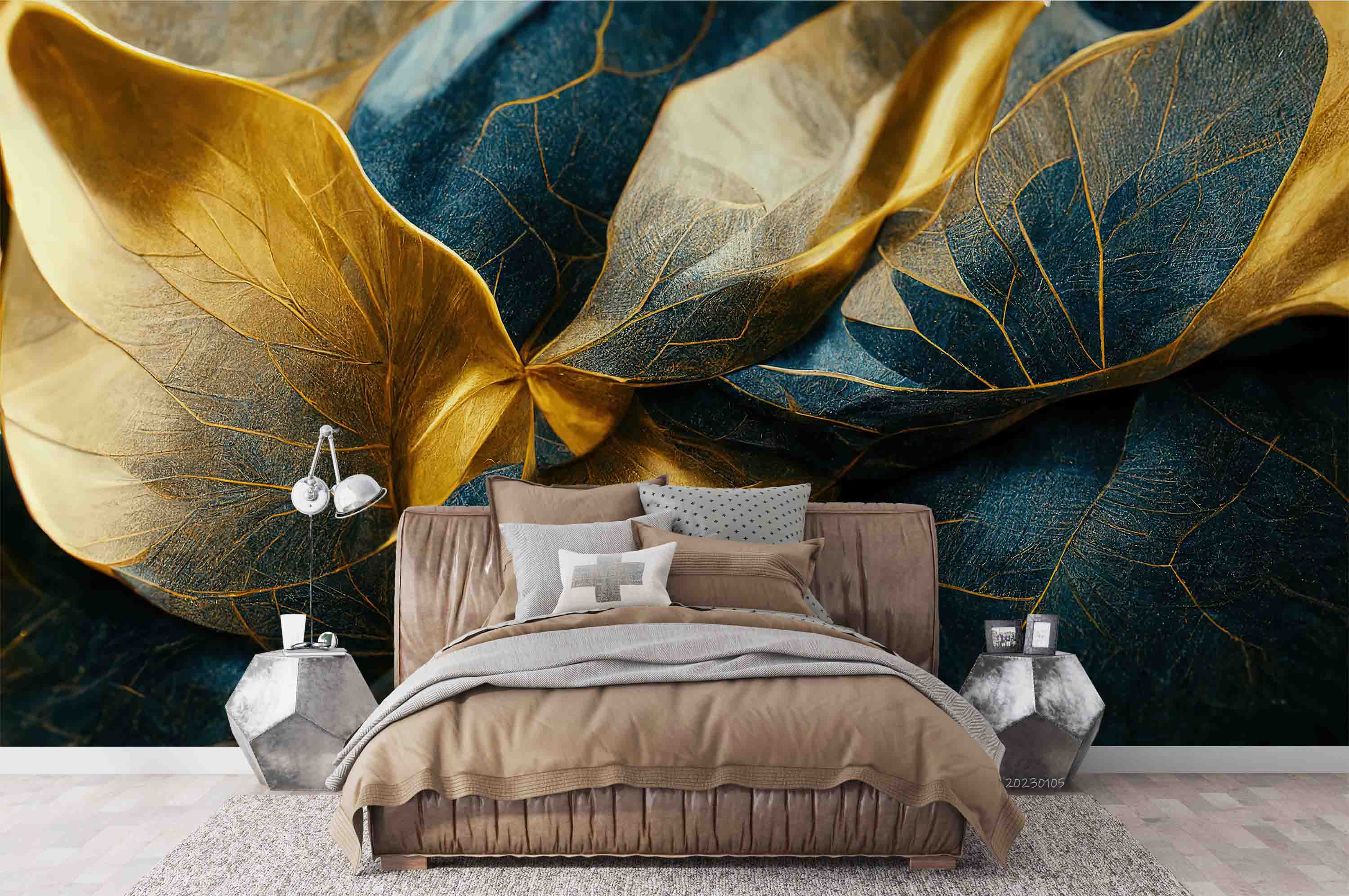 3D Vintage Gold Blue Leaf Wall Mural Wallpaper GD 1828- Jess Art Decoration
