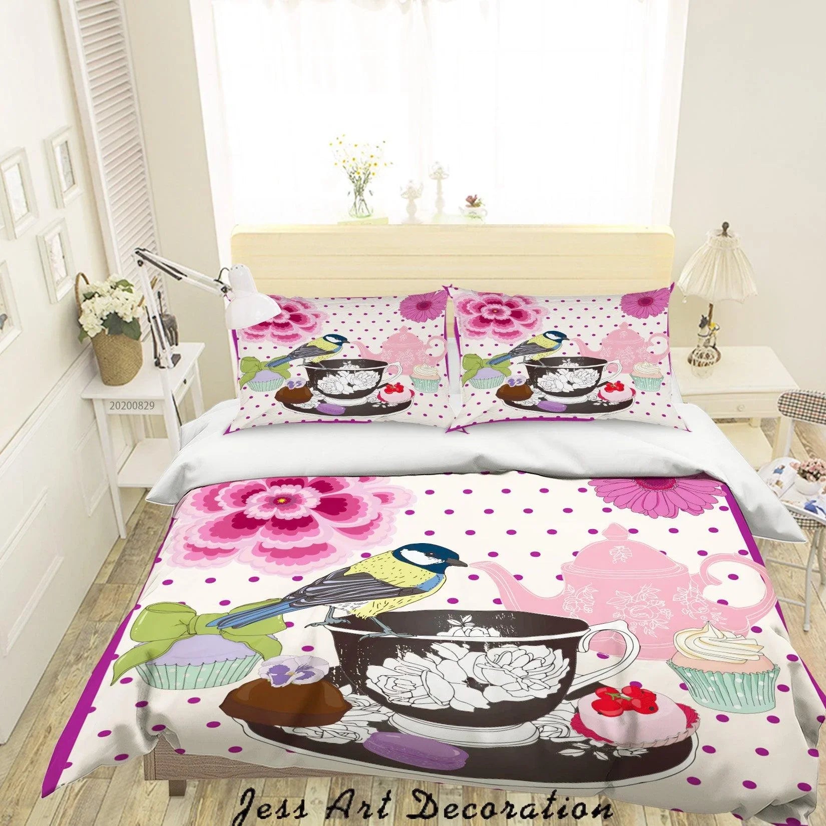 3D Abstract Hand Draw Cartoon Teacup Butterfly Bird Pattern Quilt Cover Set Bedding Set Duvet Cover Pillowcases WJ 3587- Jess Art Decoration