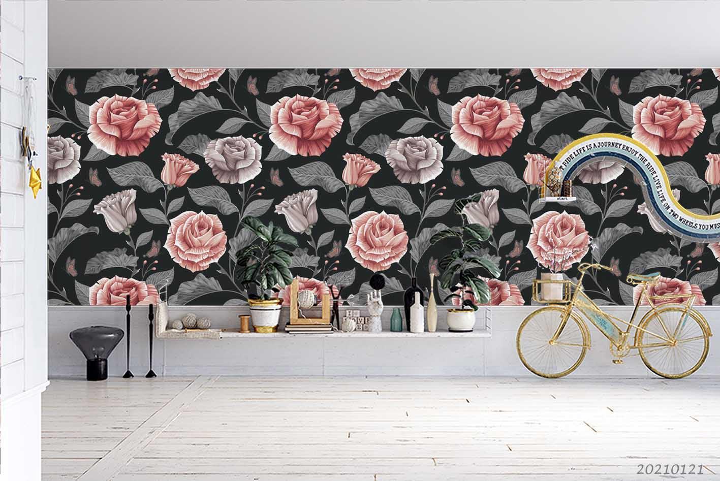 3D Hand Drawn Pink Rose Floral Wall Mural Wallpaper LQH 27- Jess Art Decoration