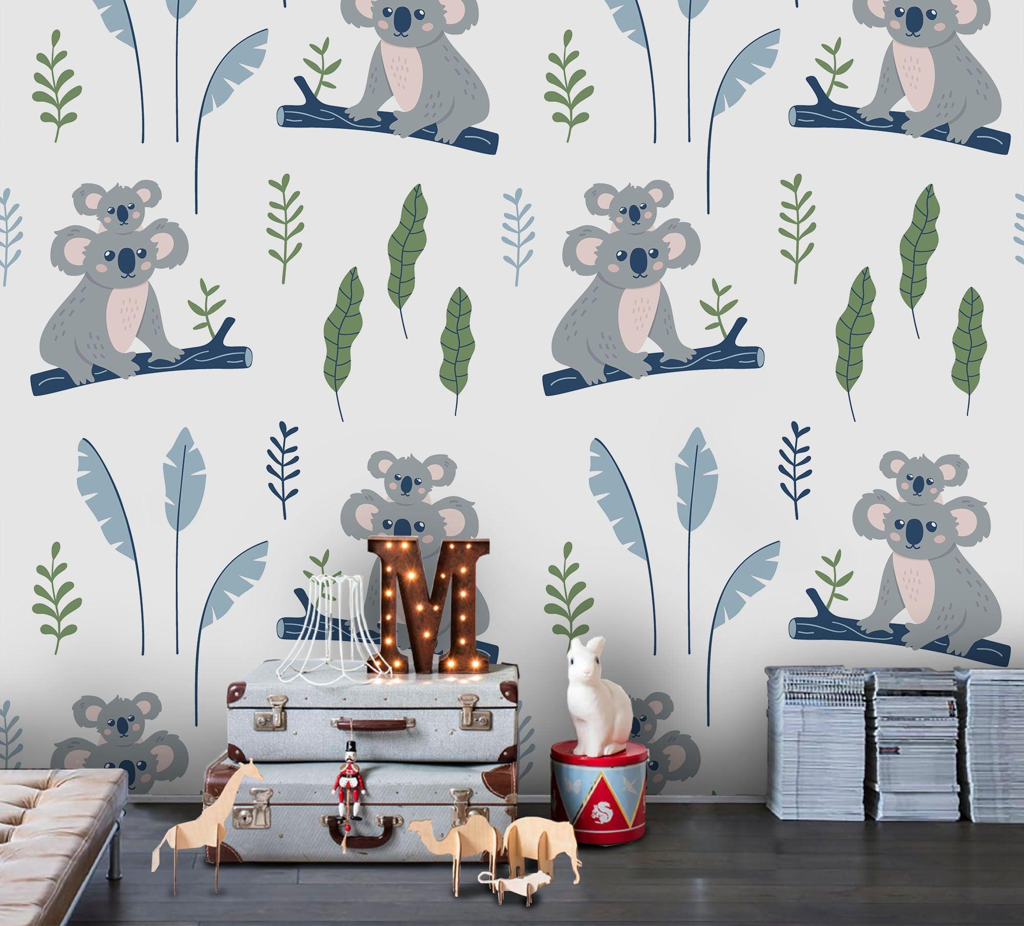3D Cartoon Koala Leaves Wall Mural Wallpaper A179 LQH- Jess Art Decoration