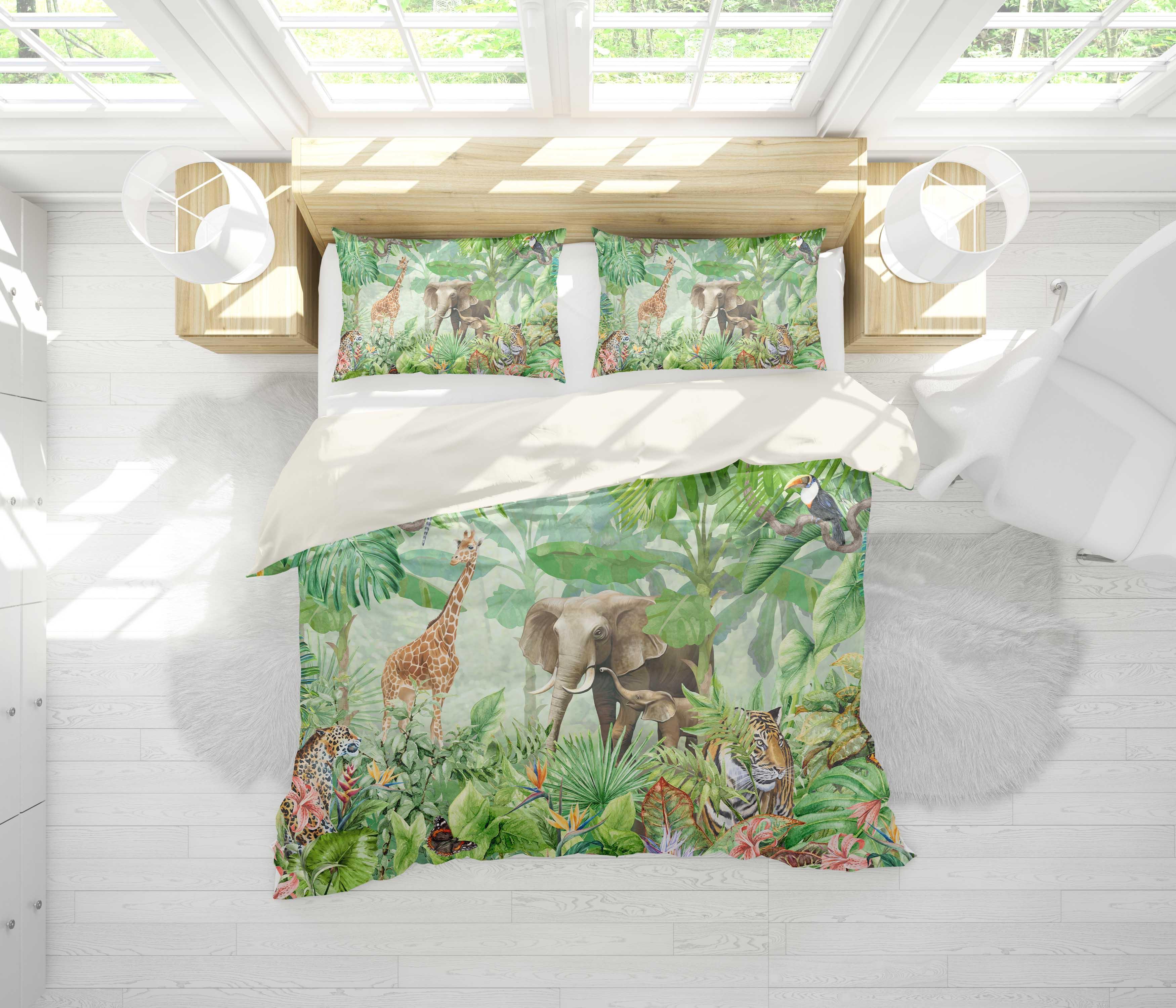 3D Green Jungle Animal Tiger Giraffe Elephant Leopard Quilt Cover Set Bedding Set Pillowcases 23- Jess Art Decoration