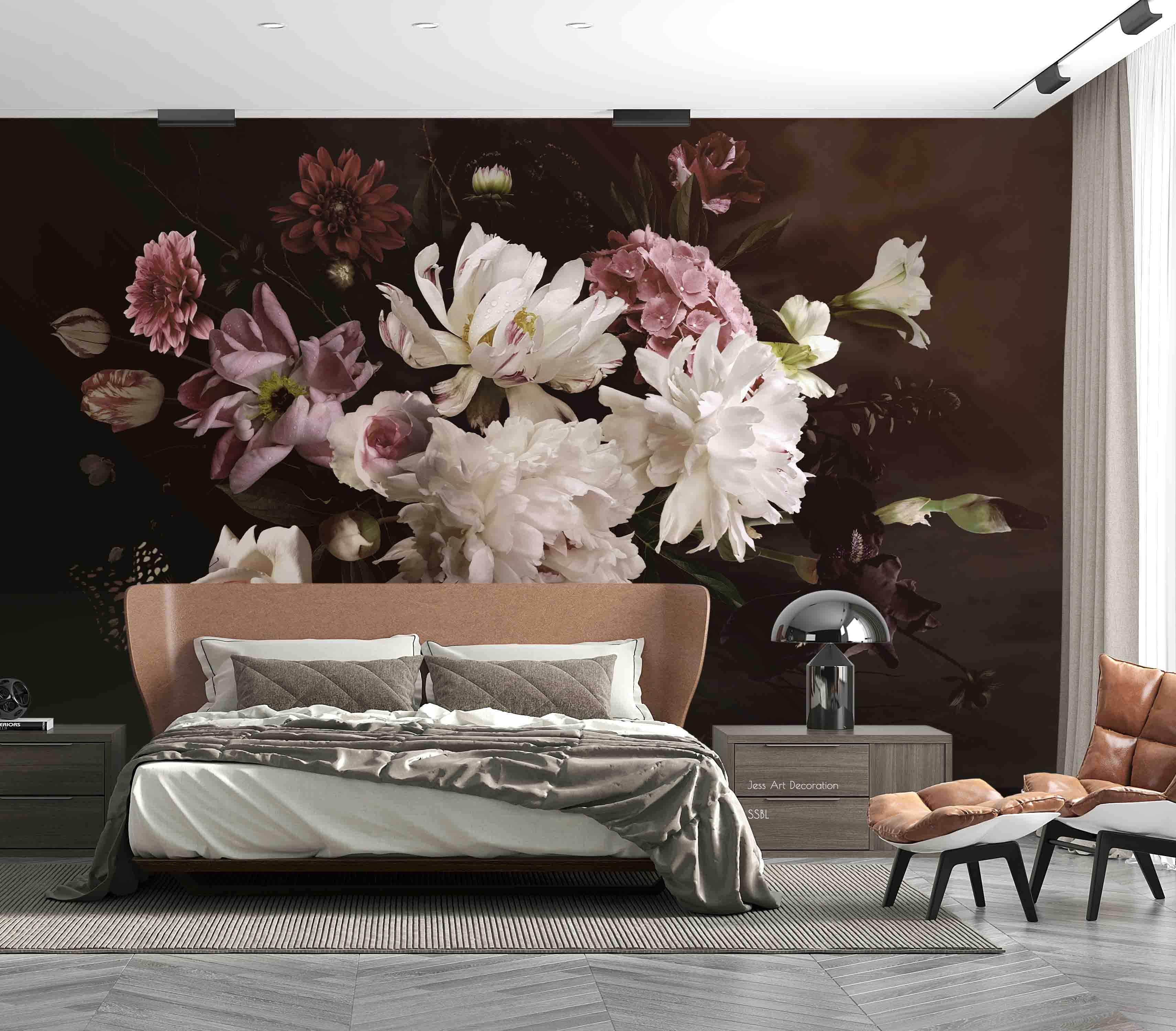 3D Vintage Baroque Art Peony Flowers Black Background Wall Mural Wallpaper GD 3587- Jess Art Decoration