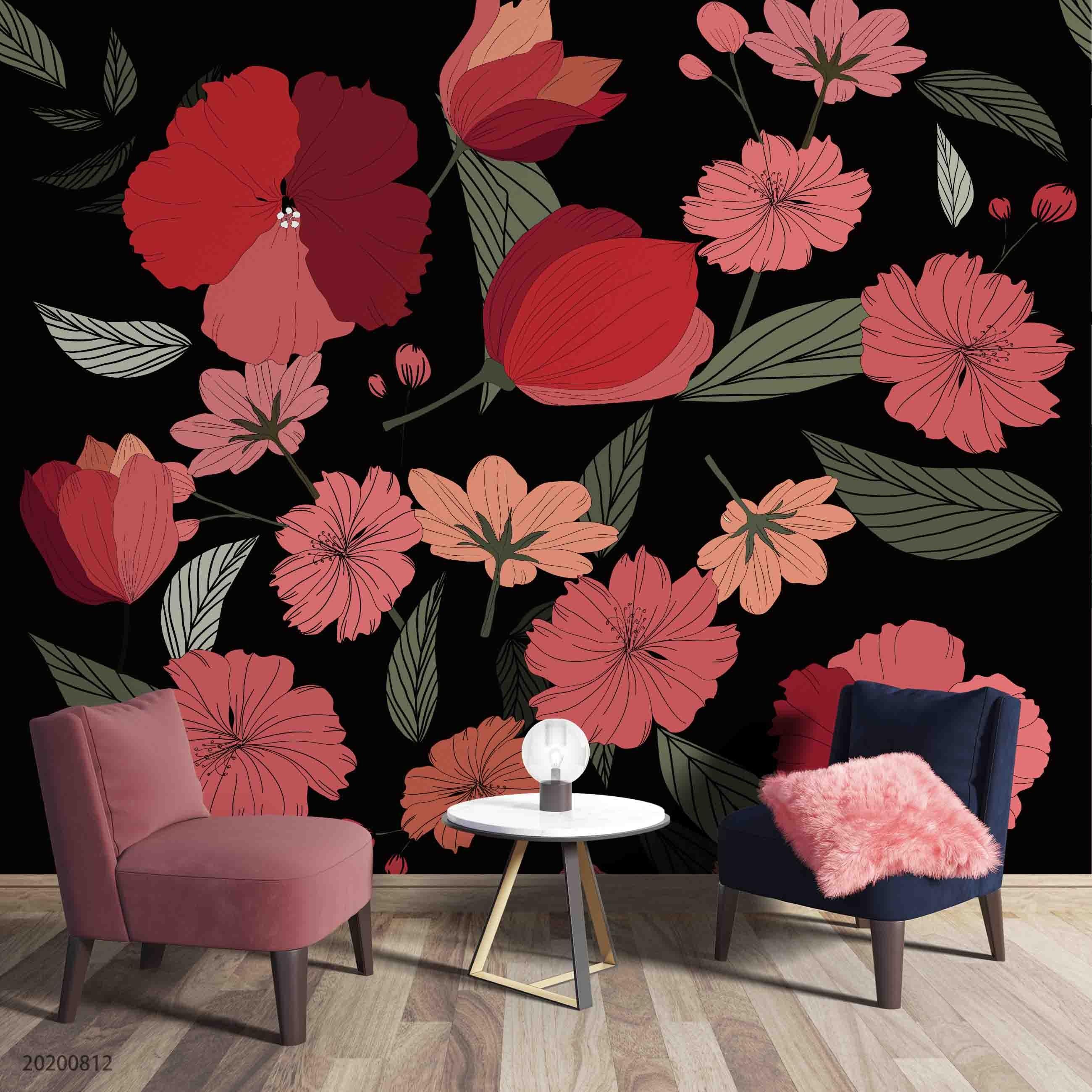 3D Hand Sketching Pink Floral Leaves Plant Wall Mural Wallpaper LXL 1075- Jess Art Decoration
