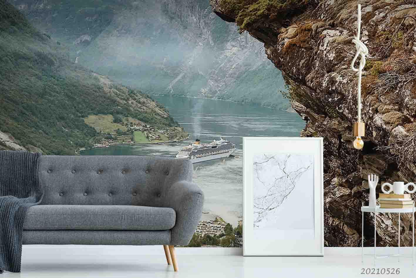 3D Cliff River Mountain Foggy Houseboat Wall  Mural Wallpaper SWW331- Jess Art Decoration