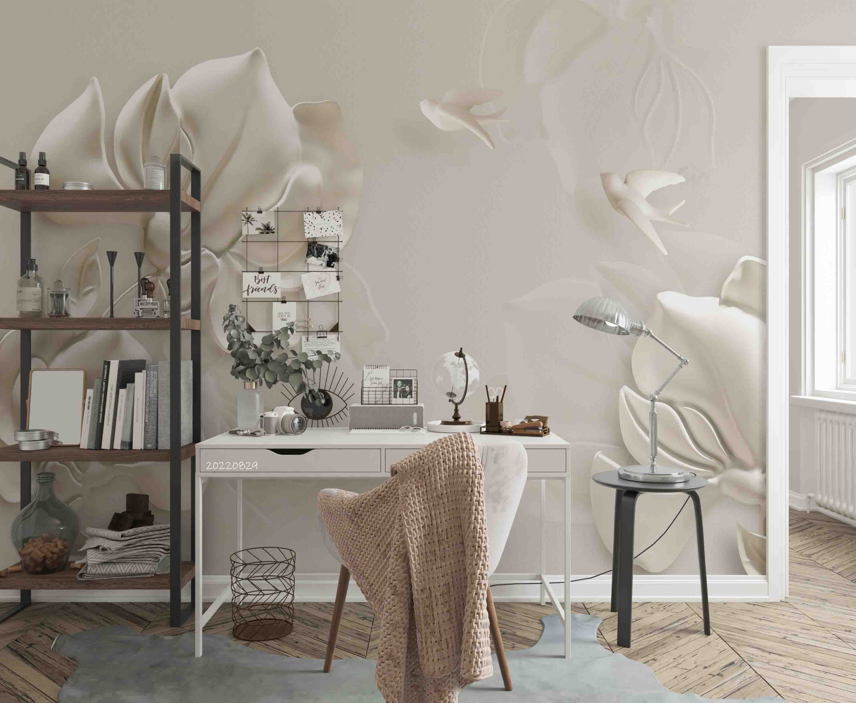 3D Embossed Floral Bird White Background Wall Mural Wallpaper GD 2711- Jess Art Decoration