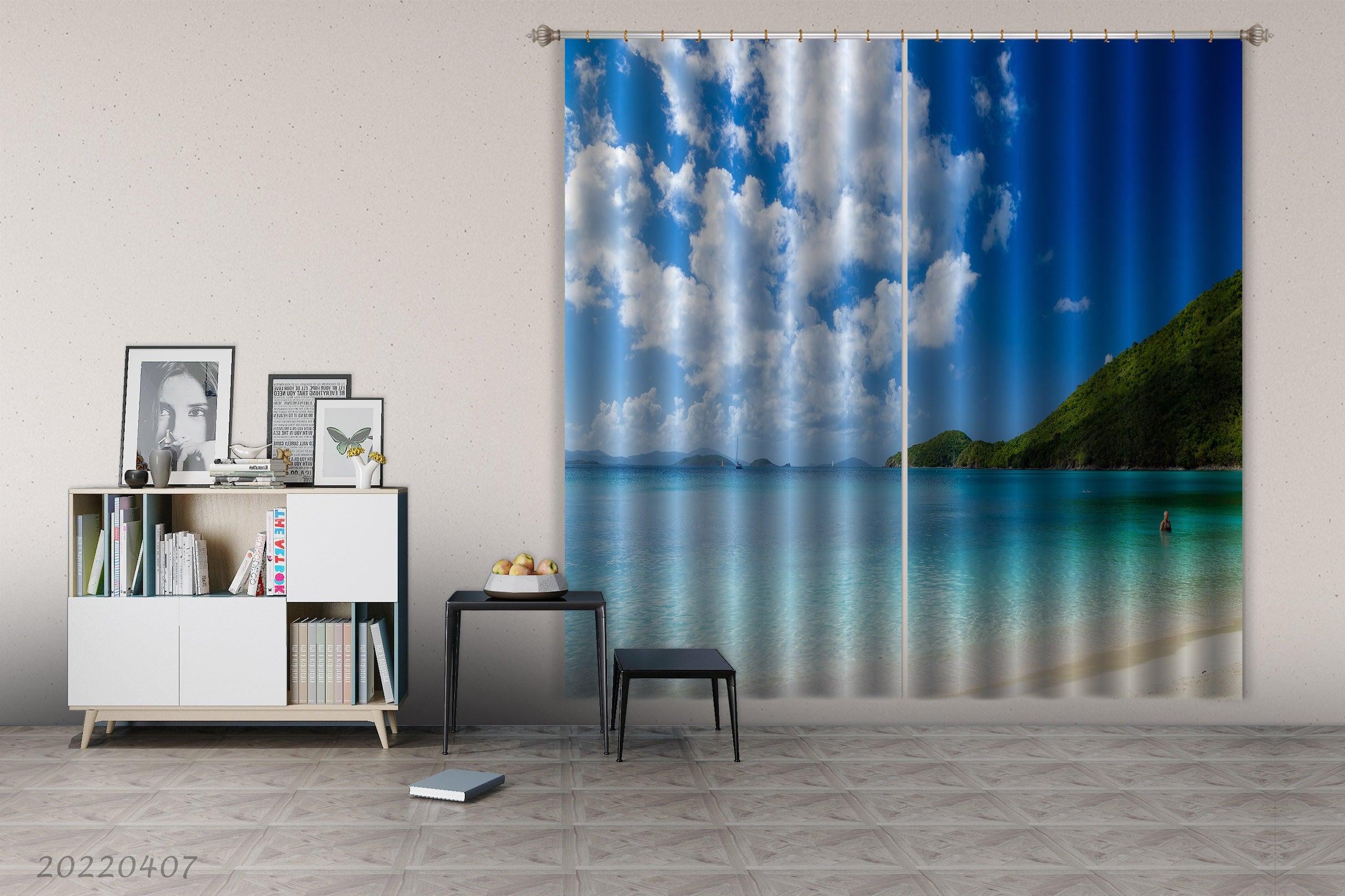 3D Landscape Ocean Beach Mountain Sky Curtains and Drapes GD 3568- Jess Art Decoration