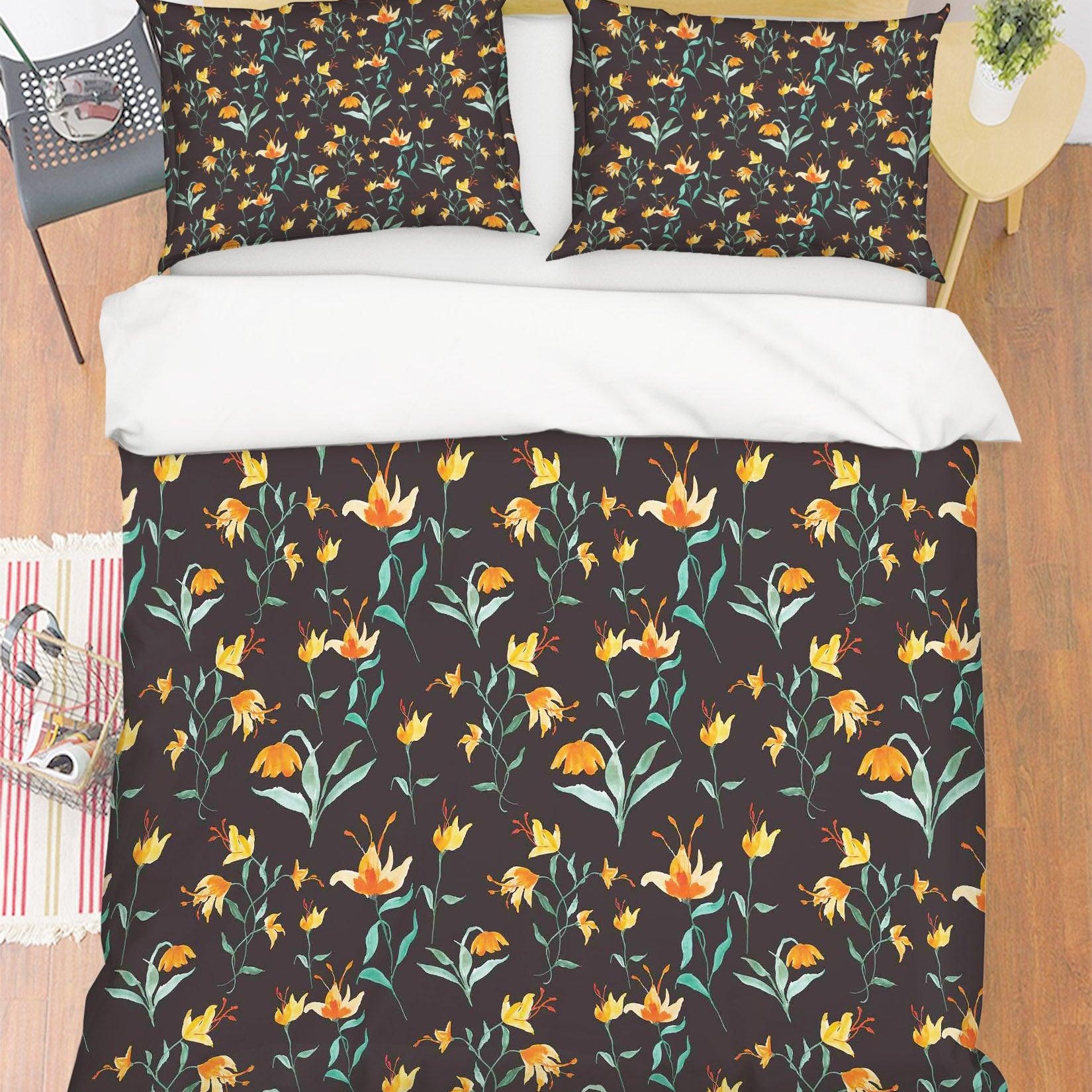 3D Yellow Floral Dark Quilt Cover Set Bedding Set Pillowcases 43- Jess Art Decoration