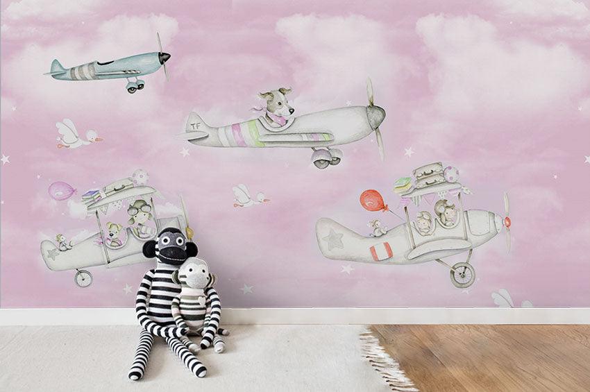 3D Retro Cartoon Planes Pink Wall Mural Wallpaper 03- Jess Art Decoration
