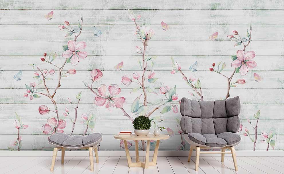 3D Wood Board Pink Floral Branch Wall Mural Wallpaper LQH 106- Jess Art Decoration