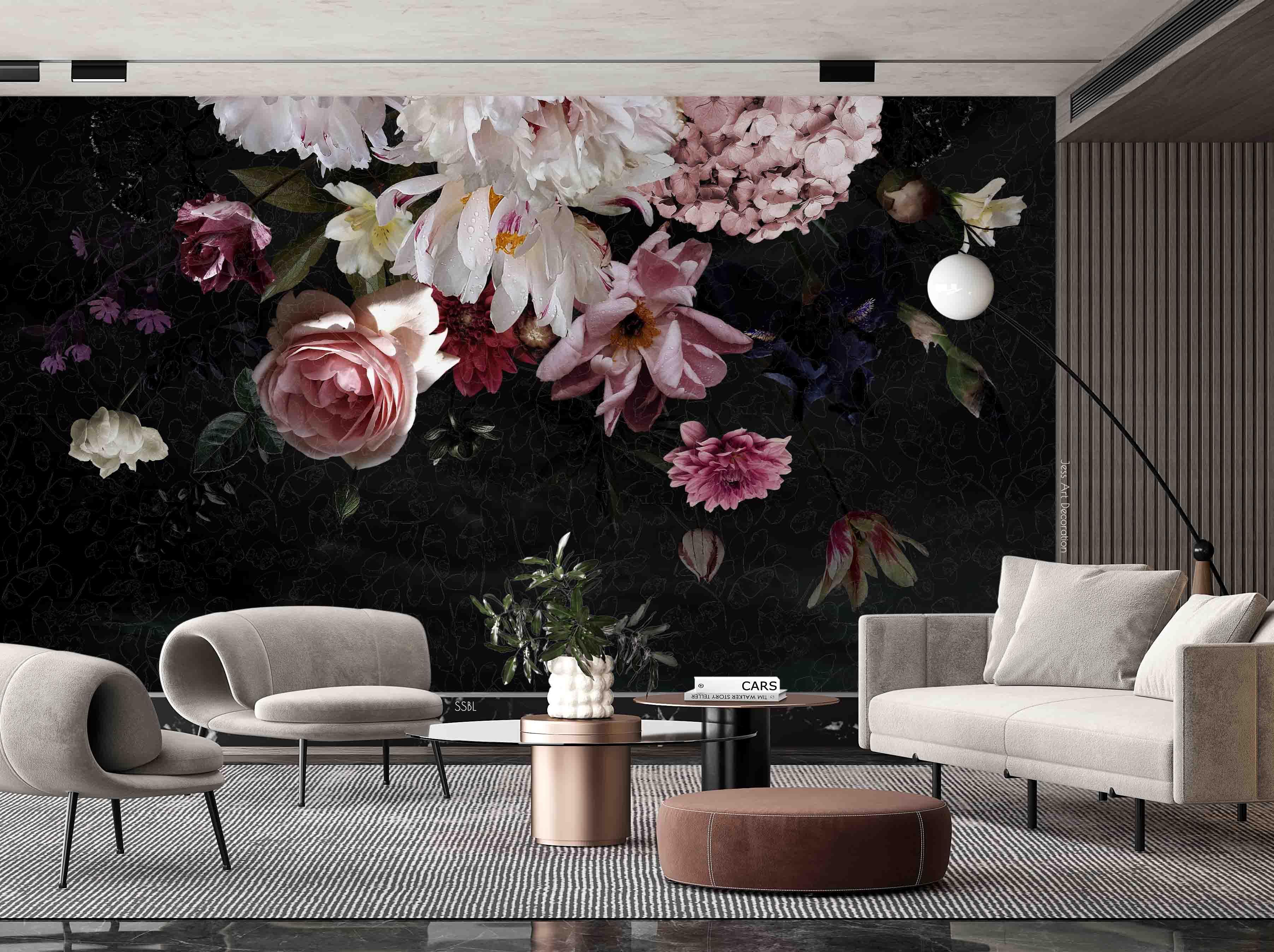 3D Vintage Baroque Art Flowers Black Background Wall Mural Wallpaper GD 3586- Jess Art Decoration