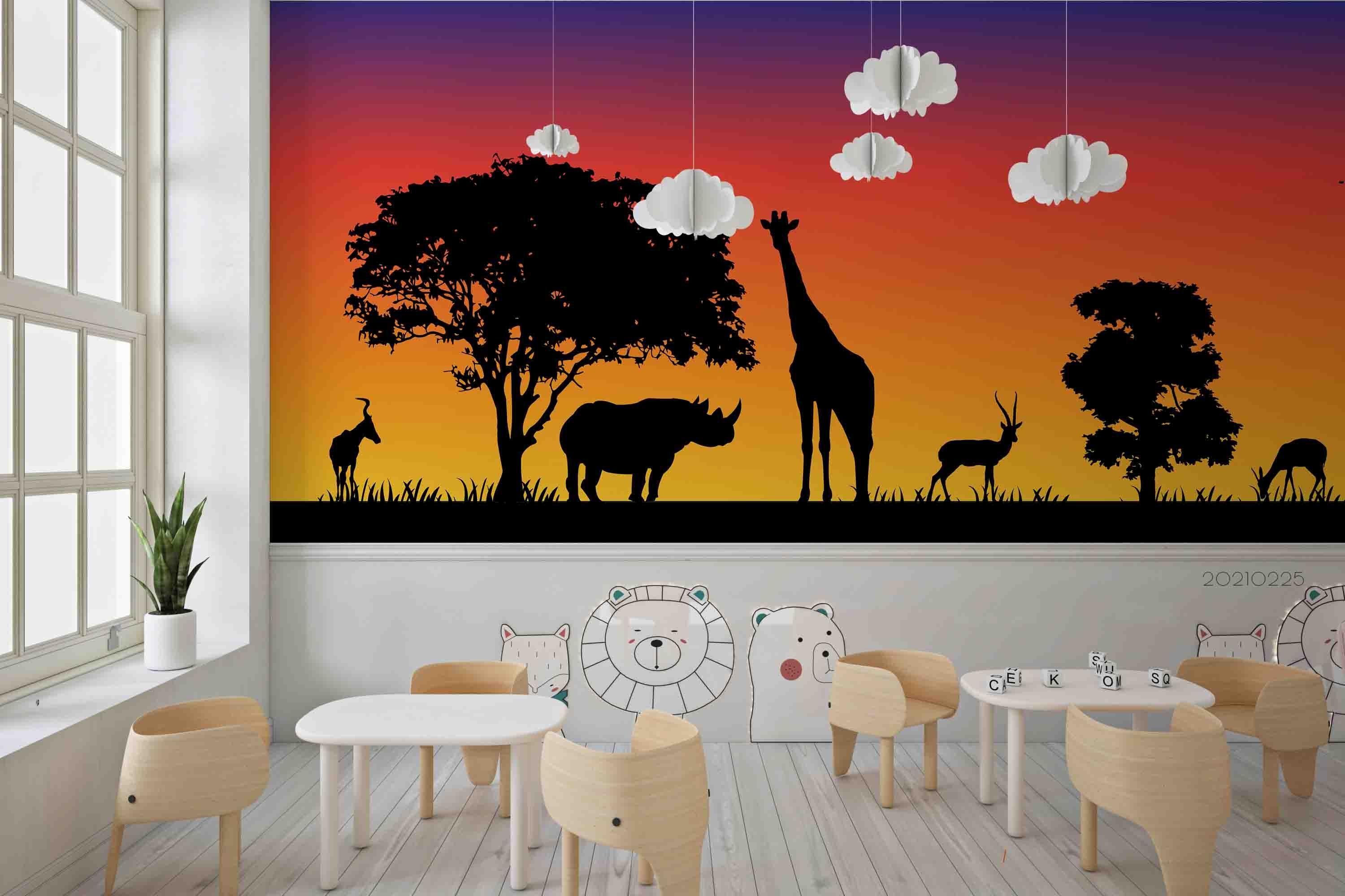 3D Sunset Sky Tree Wild Animal Wall Mural Wallpaper LQH 253- Jess Art Decoration