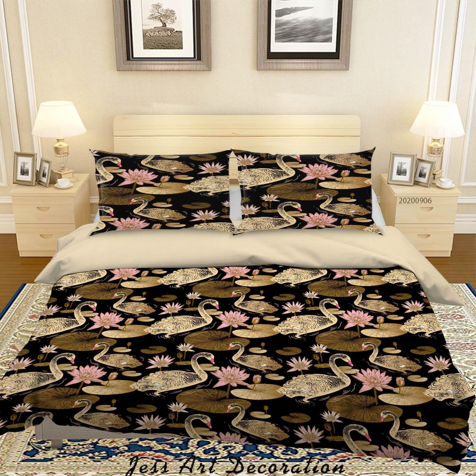 3D Vintage Leaves Swan Lotus Floral Pattern Quilt Cover Set Bedding Set Duvet Cover Pillowcases WJ 3638- Jess Art Decoration