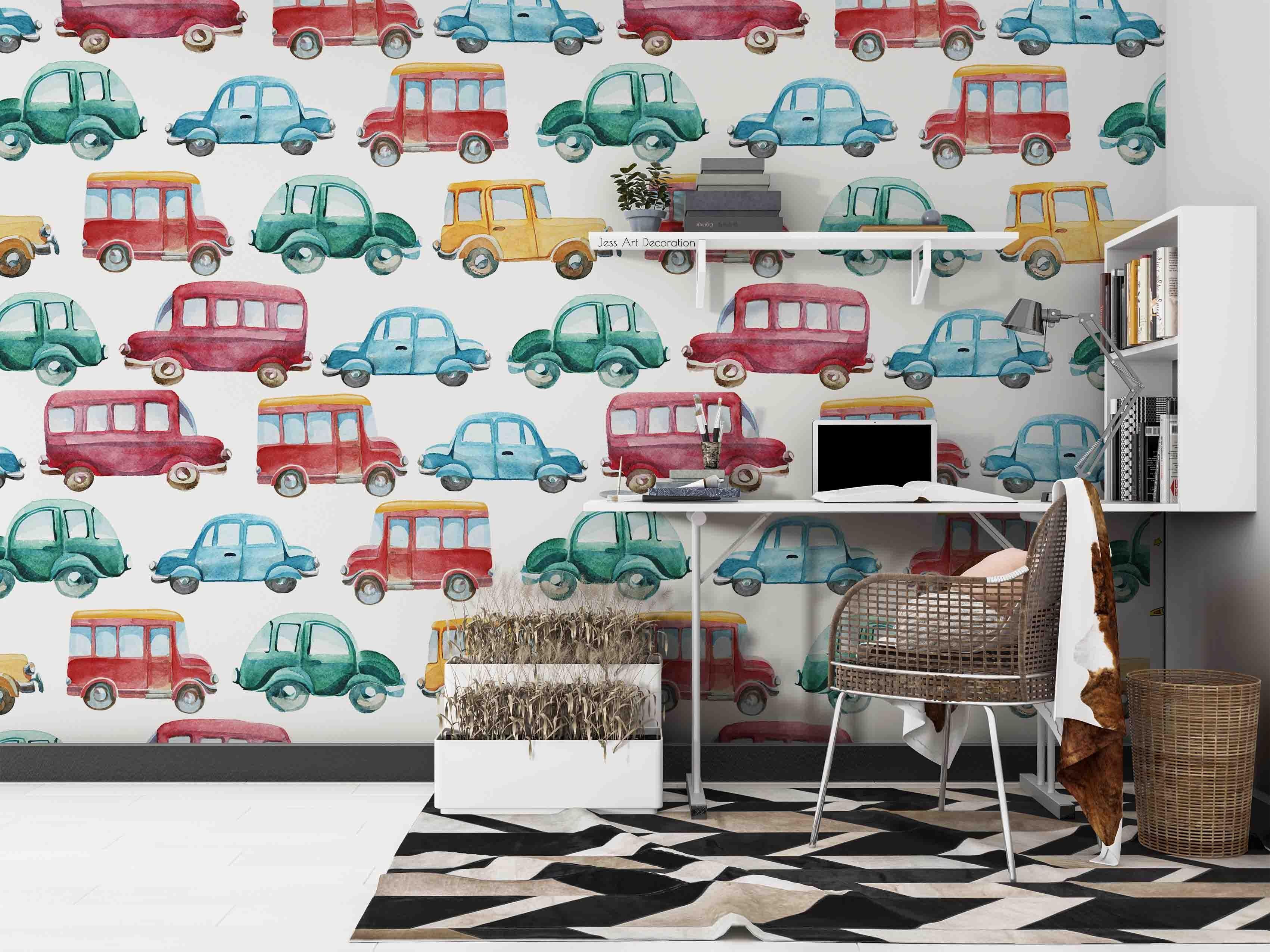 Watercolor Cartoon Car Pattern Contemporary Wallpaper contemporary street art wall mural for creative room or feature wall
