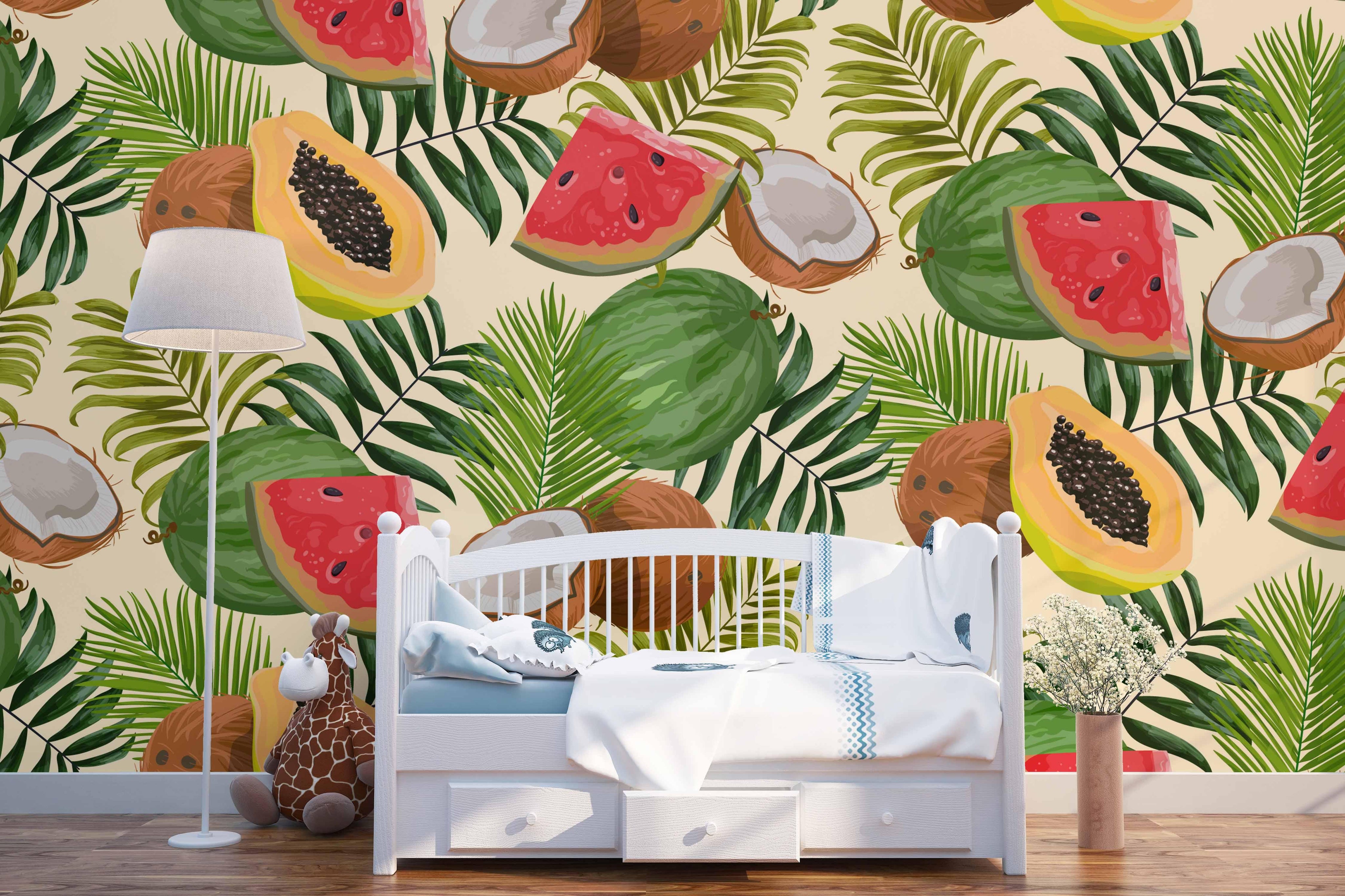 3D Papaya Watermelon Coconut Leaves Wall Mural Wallpaper 8- Jess Art Decoration