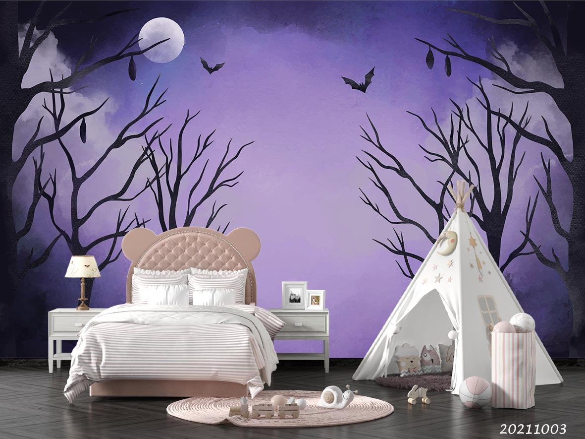 3D Purple Sky Tree Flying Bird Wall Mural Wallpaper LQH 286- Jess Art Decoration