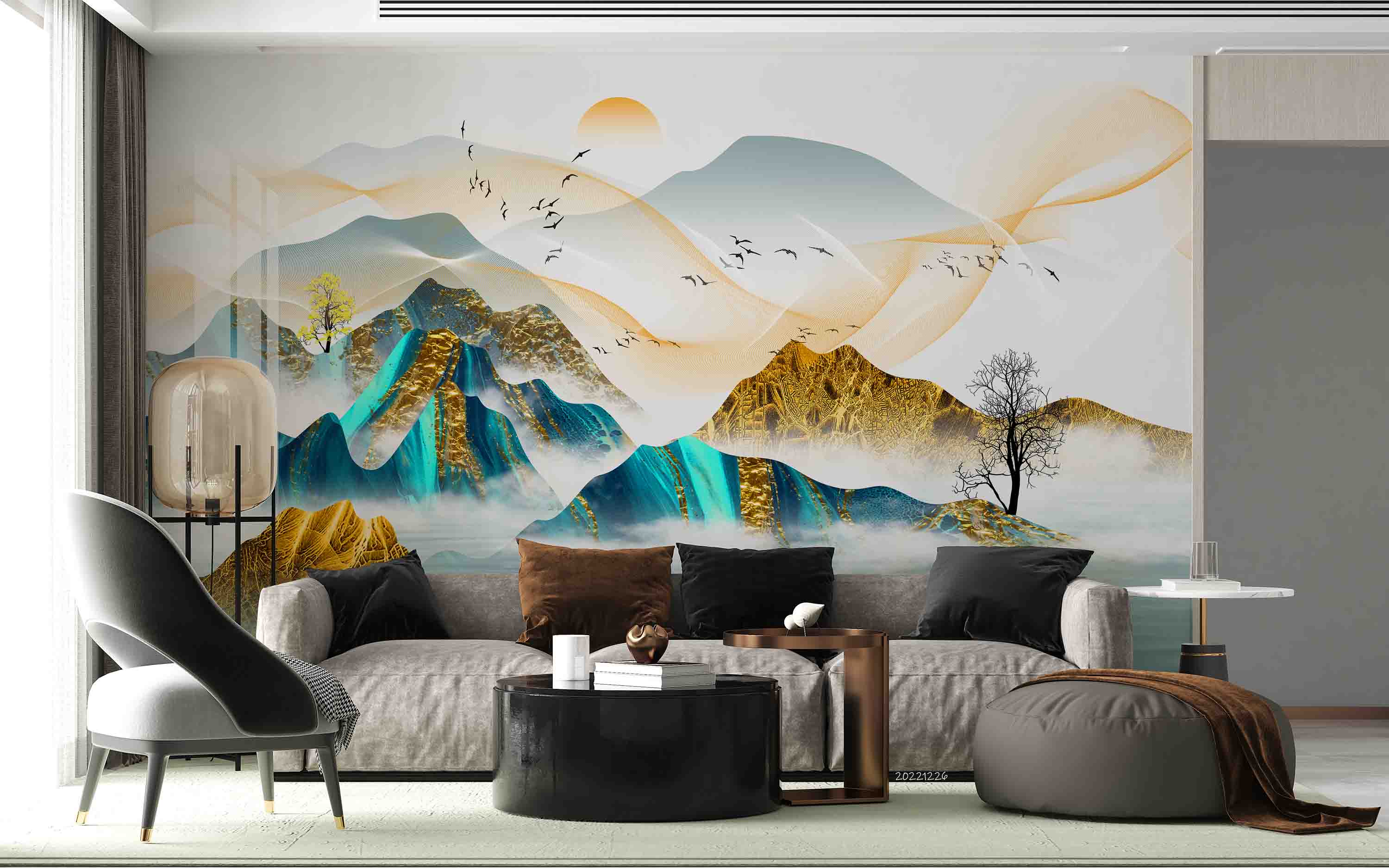3D Abstract Art Gold Blue Mountain Trees Sun Wall Mural Wallpaper GD 2000- Jess Art Decoration