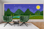 3D dark blue mountain trees river landscape cartoon wall mural wallpaper 07- Jess Art Decoration