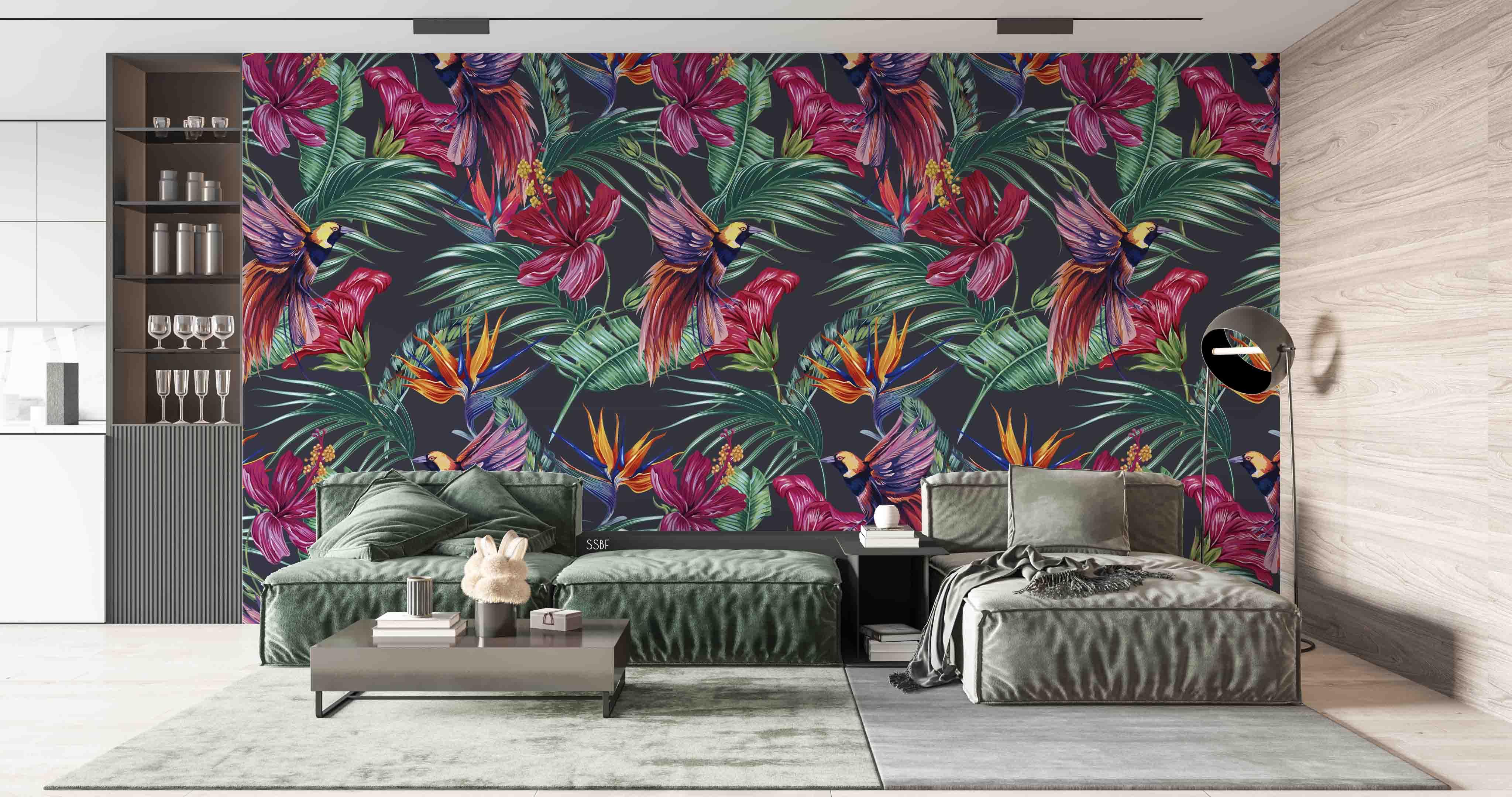 3D Vintage Plants Green Leaf Colorful Bird Pattern Wall Mural Wallpaper GD 3507- Jess Art Decoration