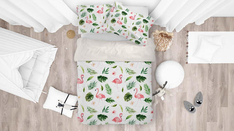 3D White Watercolor Flamingo Floral Leaves Quilt Cover Set Bedding Set Pillowcases 05- Jess Art Decoration