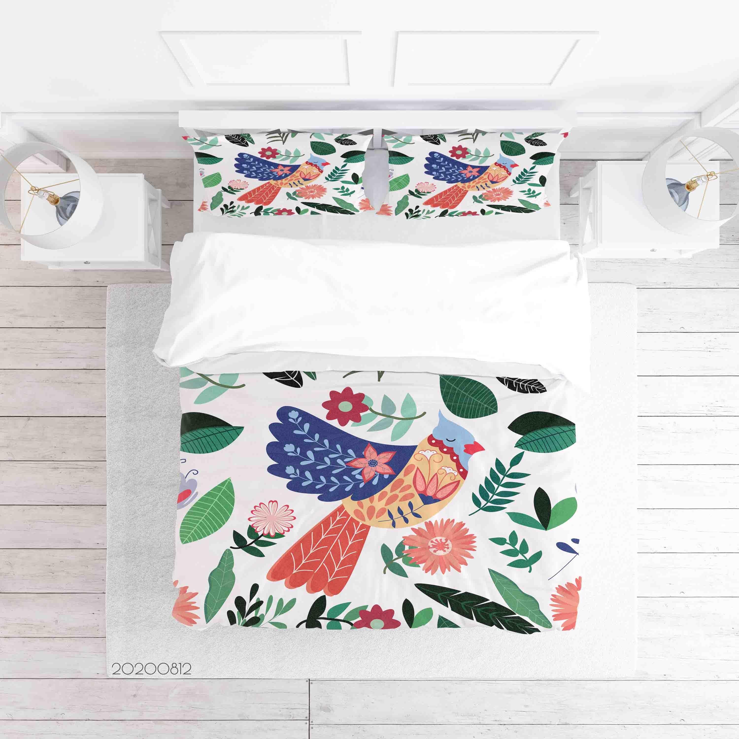 3D Colorful Bird Plant Leaves Quilt Cover Set Bedding Set Duvet Cover Pillowcases LXL- Jess Art Decoration