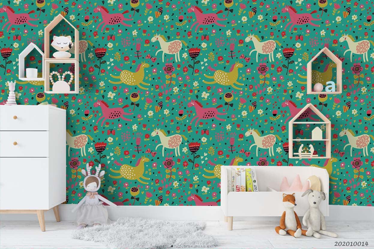 3D Cartoon Cute Animal Floral Horse Pattern Wall Mural Wallpaper WJ 5015- Jess Art Decoration