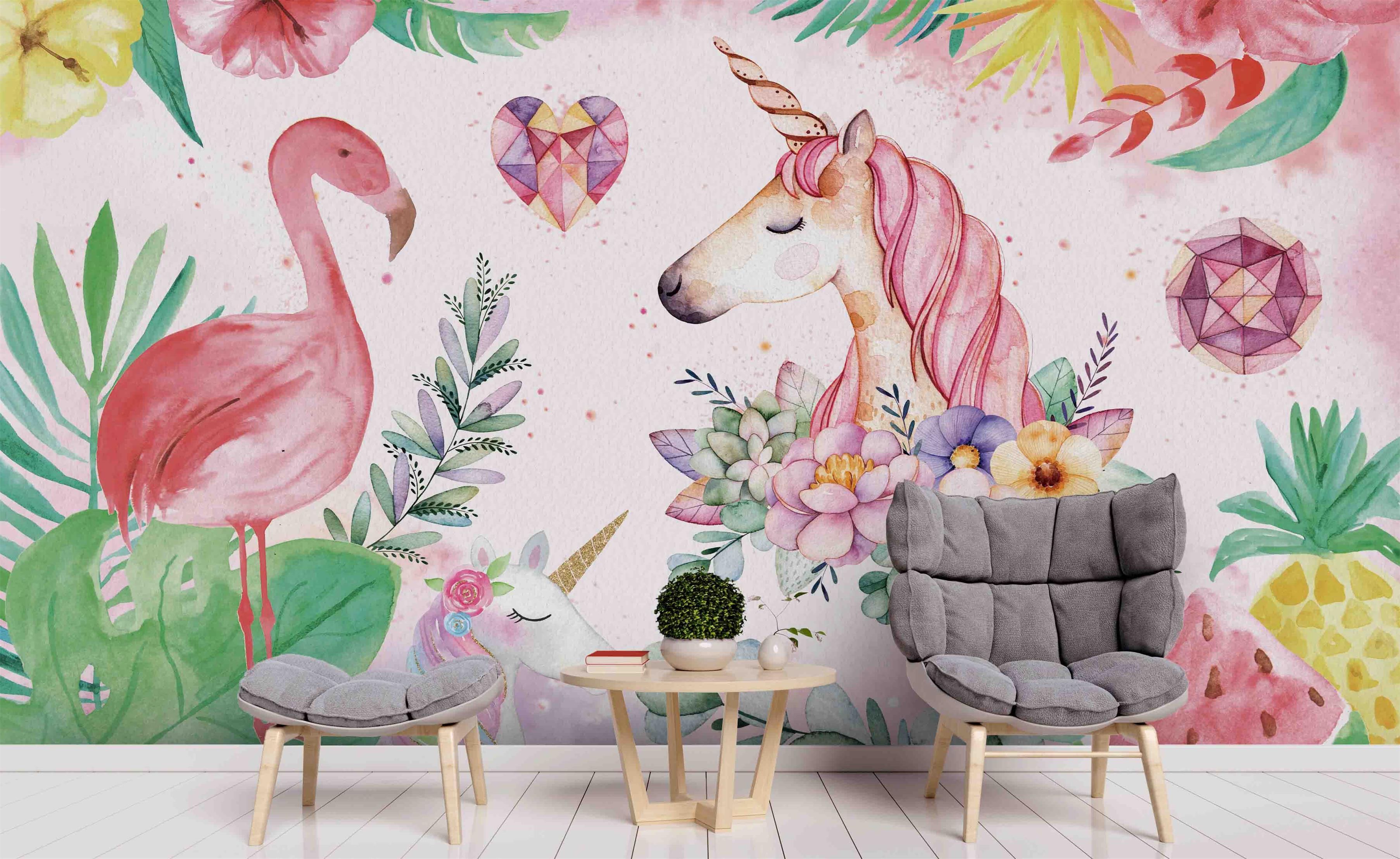 3D Pink Flamingo Unicorn Wall Mural Wallpaper 48- Jess Art Decoration