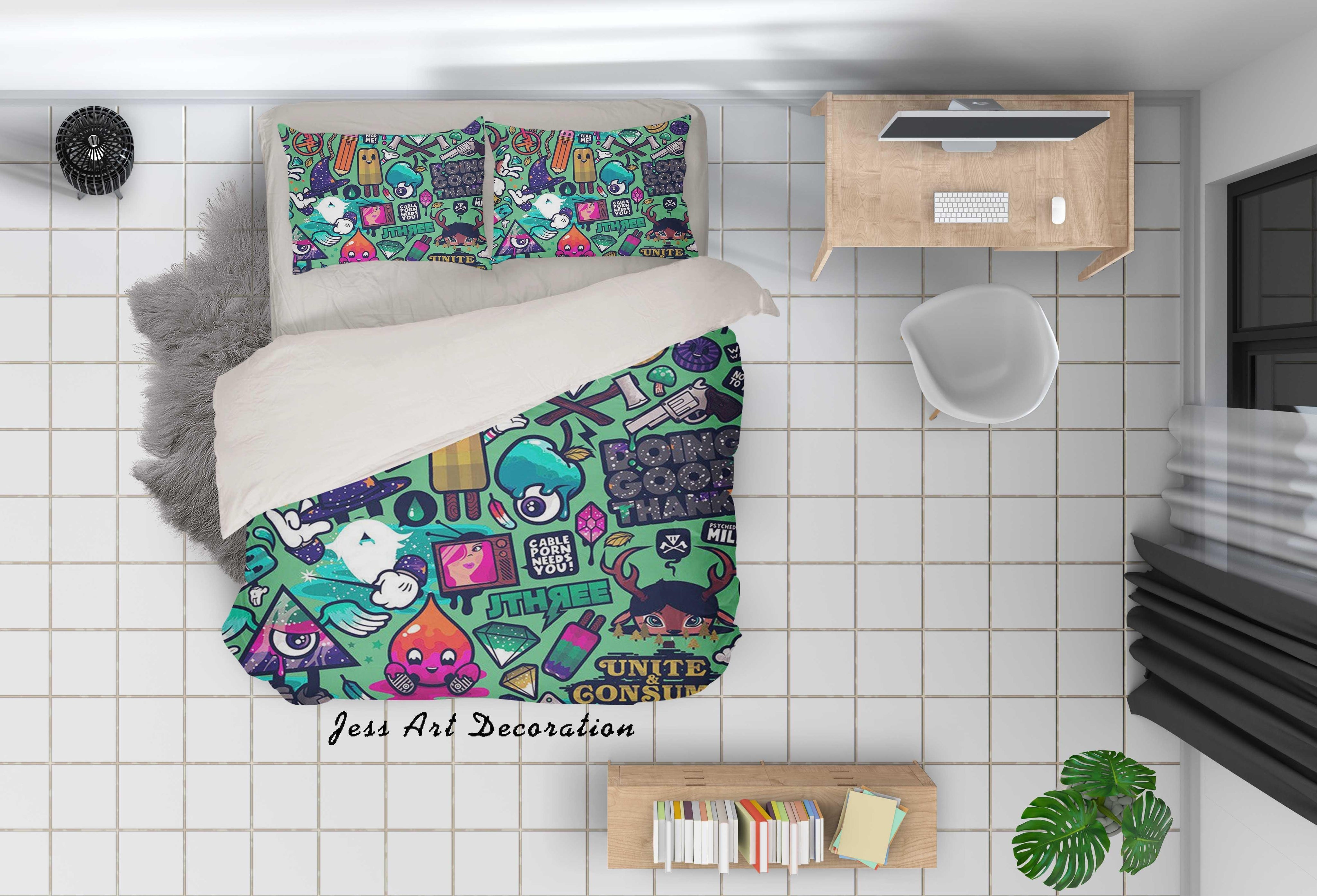 3D Green Cartoon Graffiti Quilt Cover Set Bedding Set Pillowcases 51- Jess Art Decoration