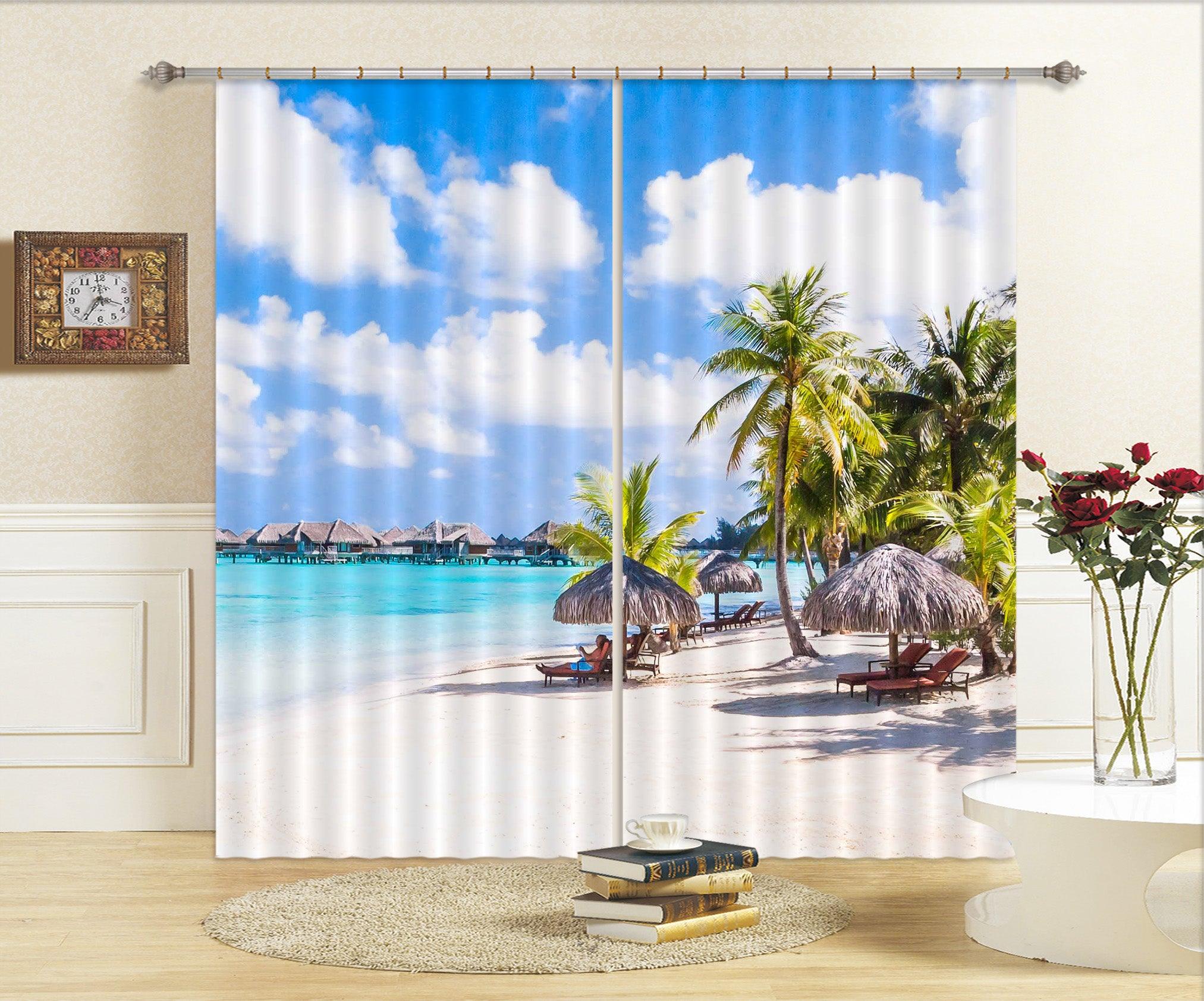 3D Tropical Beach Sea Hut Palm Trees Maldives Curtains and Drapes SF137- Jess Art Decoration