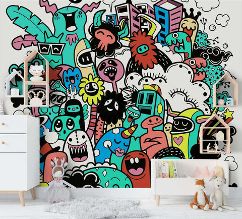 3D Cartoon Graffiti Wall Mural Wallpaper SF78- Jess Art Decoration