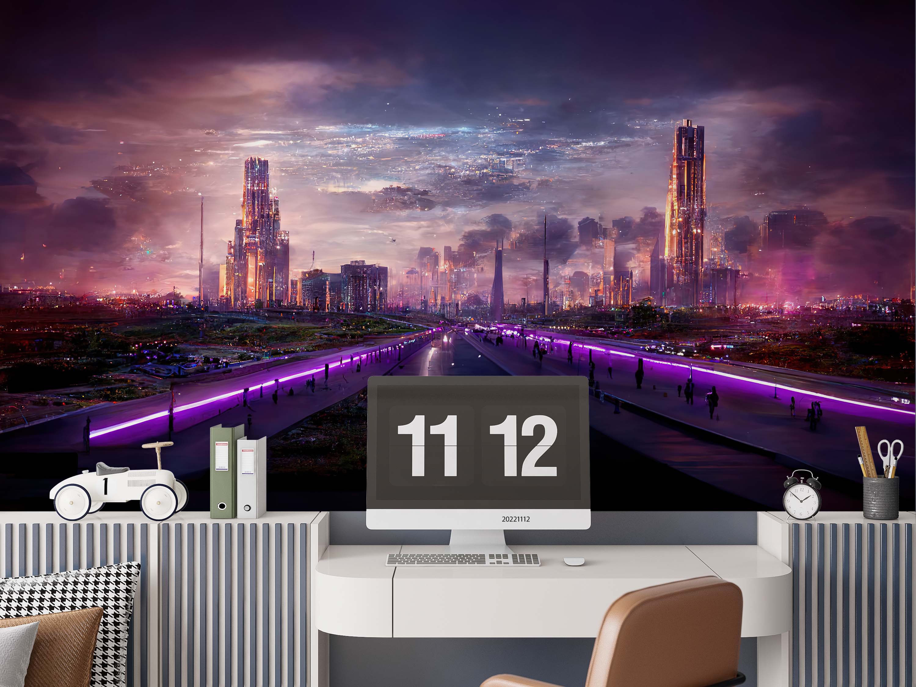 3D Night Purple Sky Road Buildings City Wall Mural Wallpaper GD 2203- Jess Art Decoration