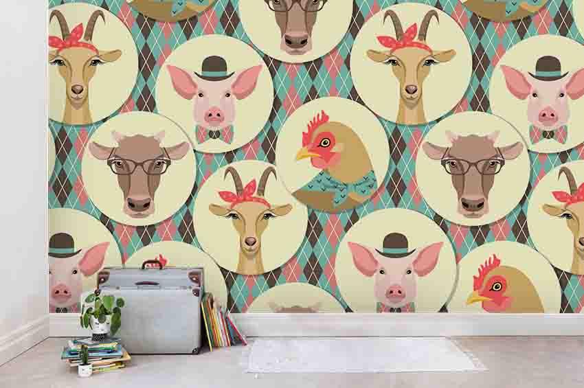 3D Circle Cattle Deer Pig Chicken Geometry Wall Mural Wallpaper SF1- Jess Art Decoration