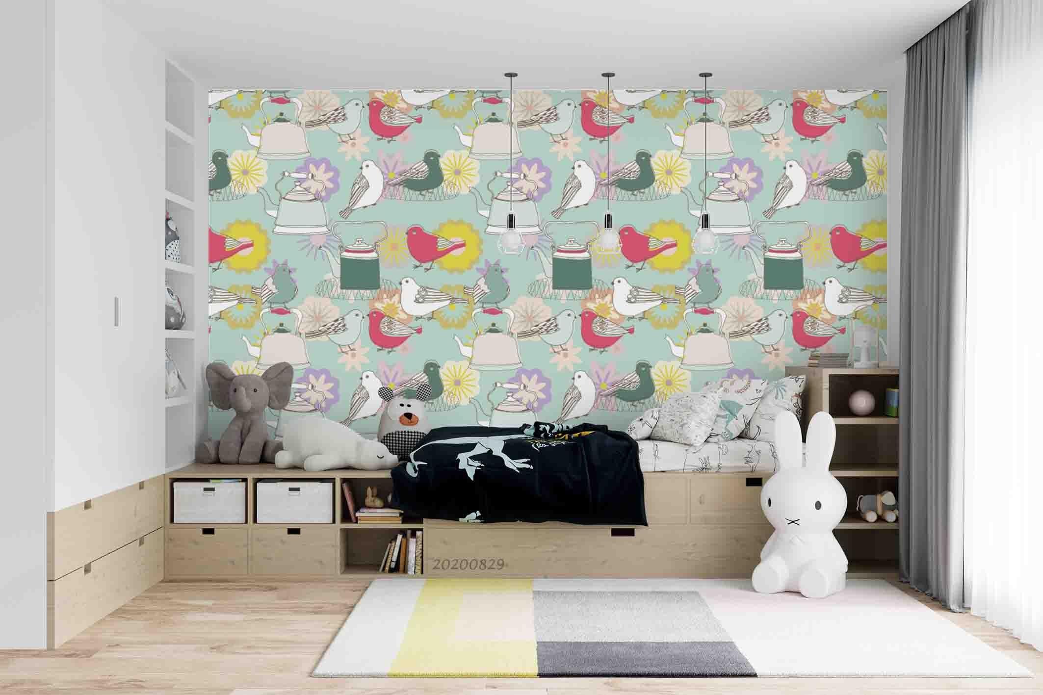 3D Cartoon Colorful Floral Teapot Bird Wall Mural Wallpaper LXL 1545- Jess Art Decoration