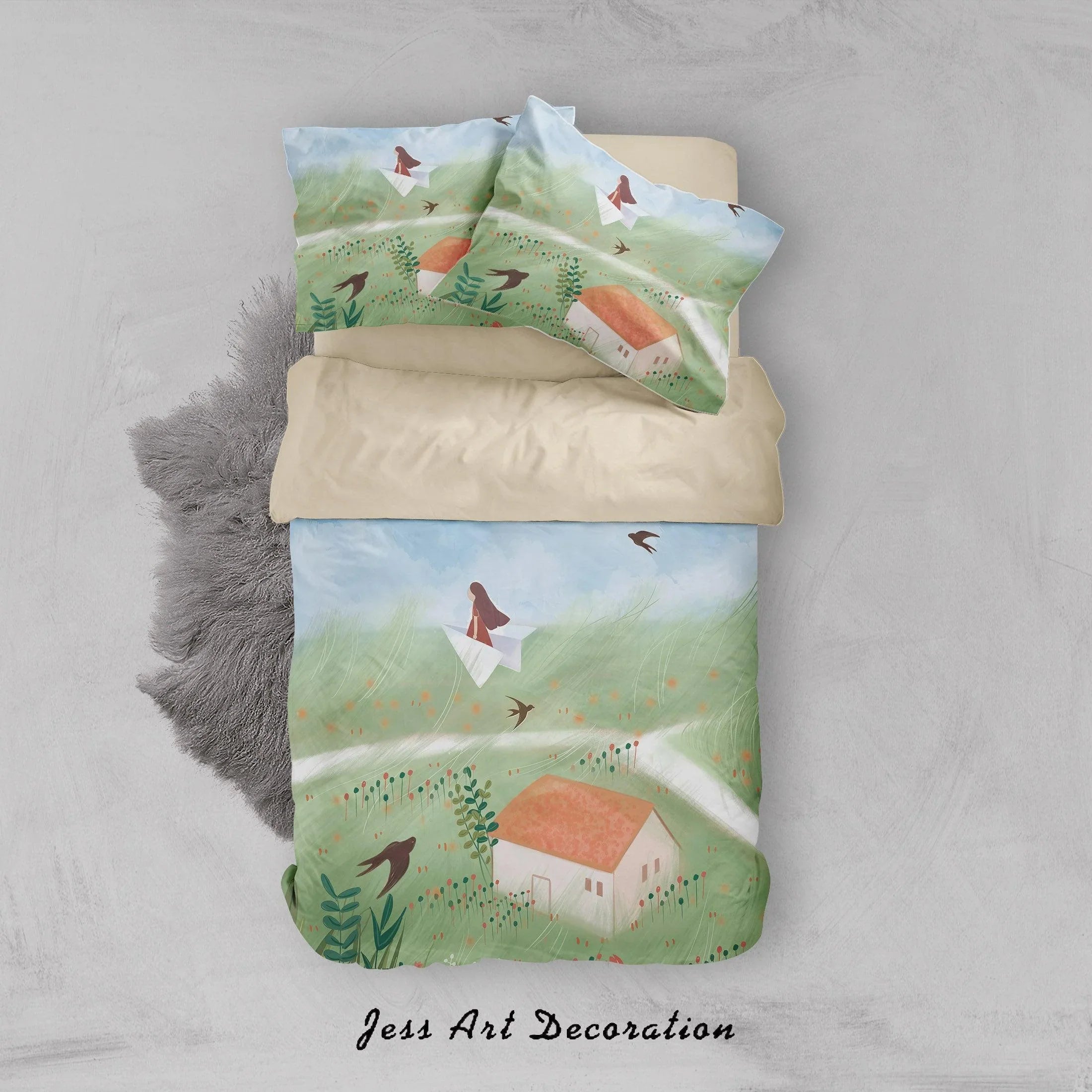 3D Girls Lawn House Painting Quilt Cover Set Bedding Set Duvet Cover Pillowcases A458 LQH- Jess Art Decoration