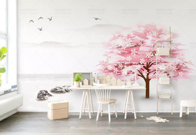 3D Pink Trees Wash Painting Mountains Wall Mural Removable 102- Jess Art Decoration