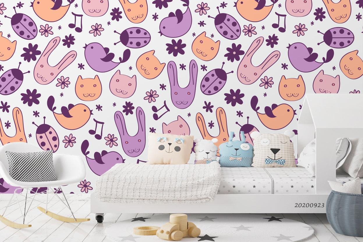 Cartoon Bunny Cat Ladybug Animal Floral Wall Mural Wallpaper LXL- Jess Art Decoration